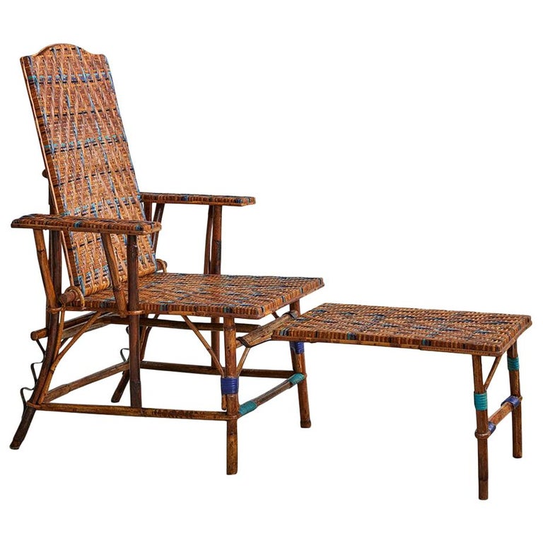 Vintage Adjustable Rattan Armchair with Footrest and Woven Details, France 1930s For Sale