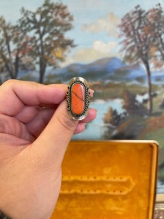 Vintage Adjustable Ring with Oval Orange Stone and Scrollwork Setting
