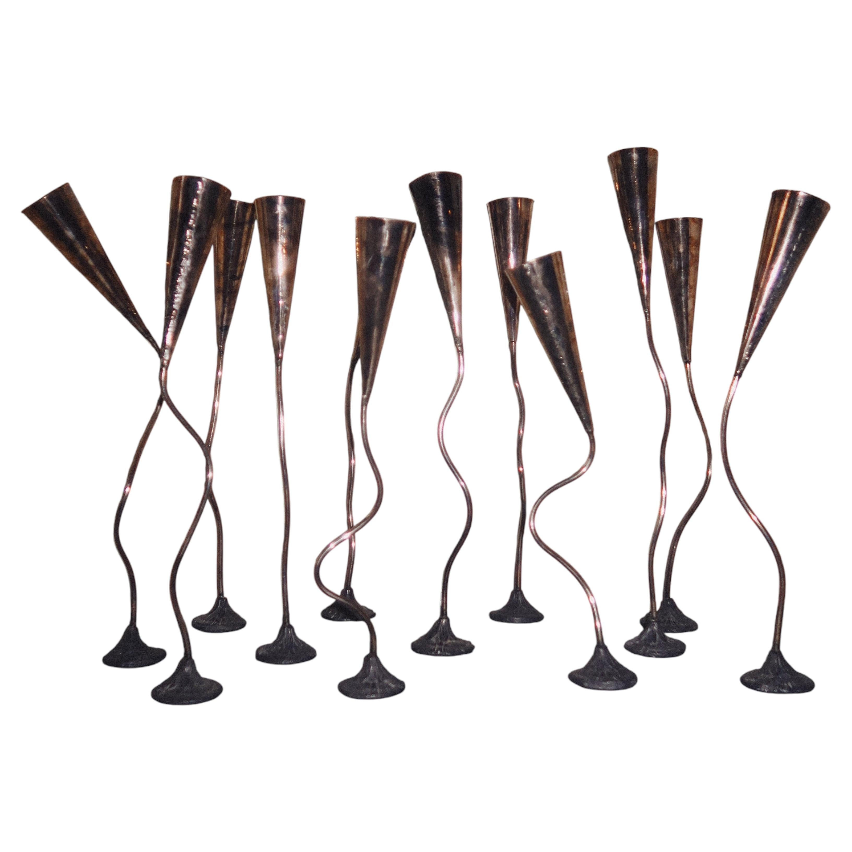Vintage Adjustable Sculptural Metal Candlesticks, Set of Twelve