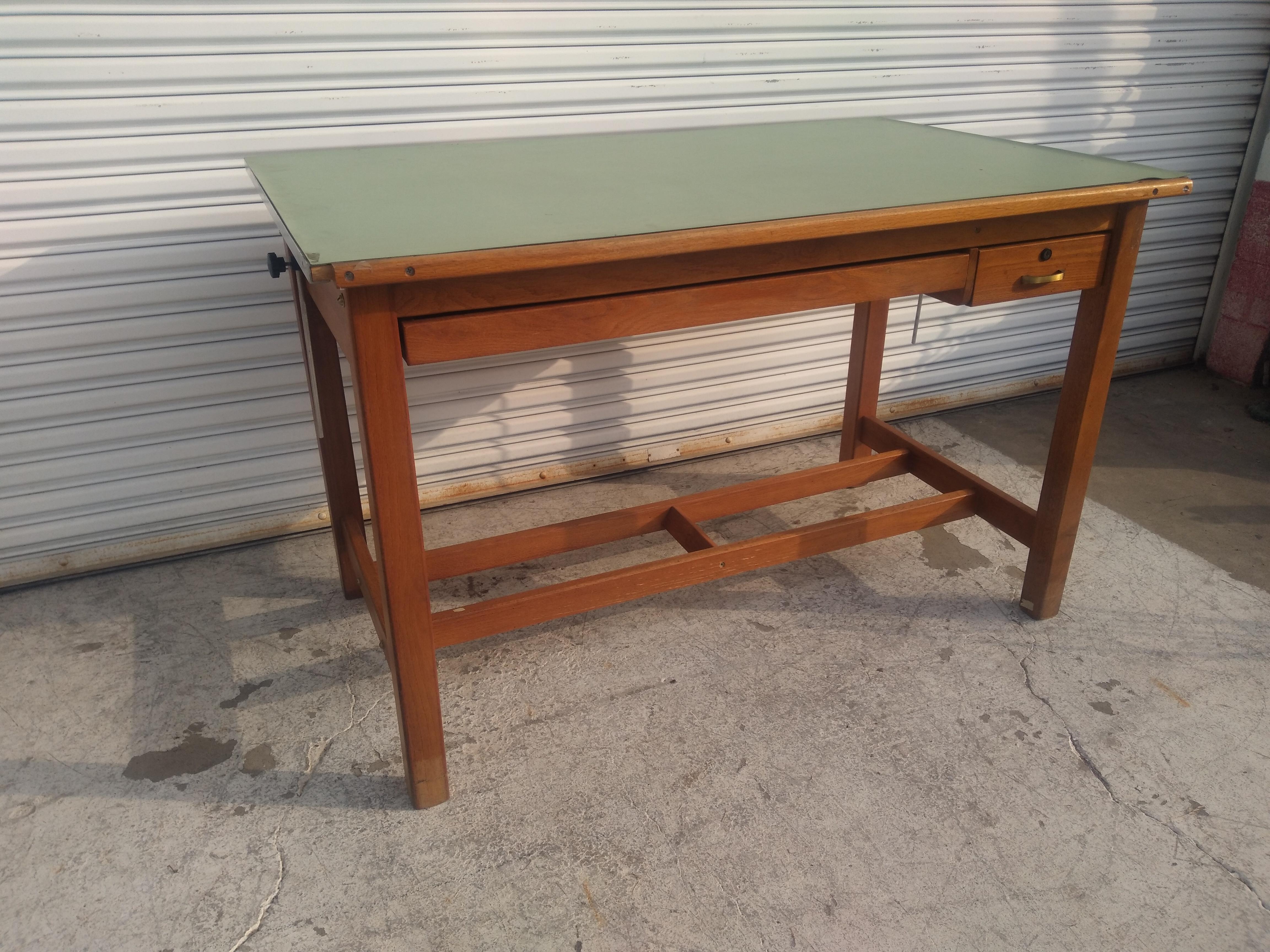 Vintage Adjustable Top Oak Drafting Table For Sale 2