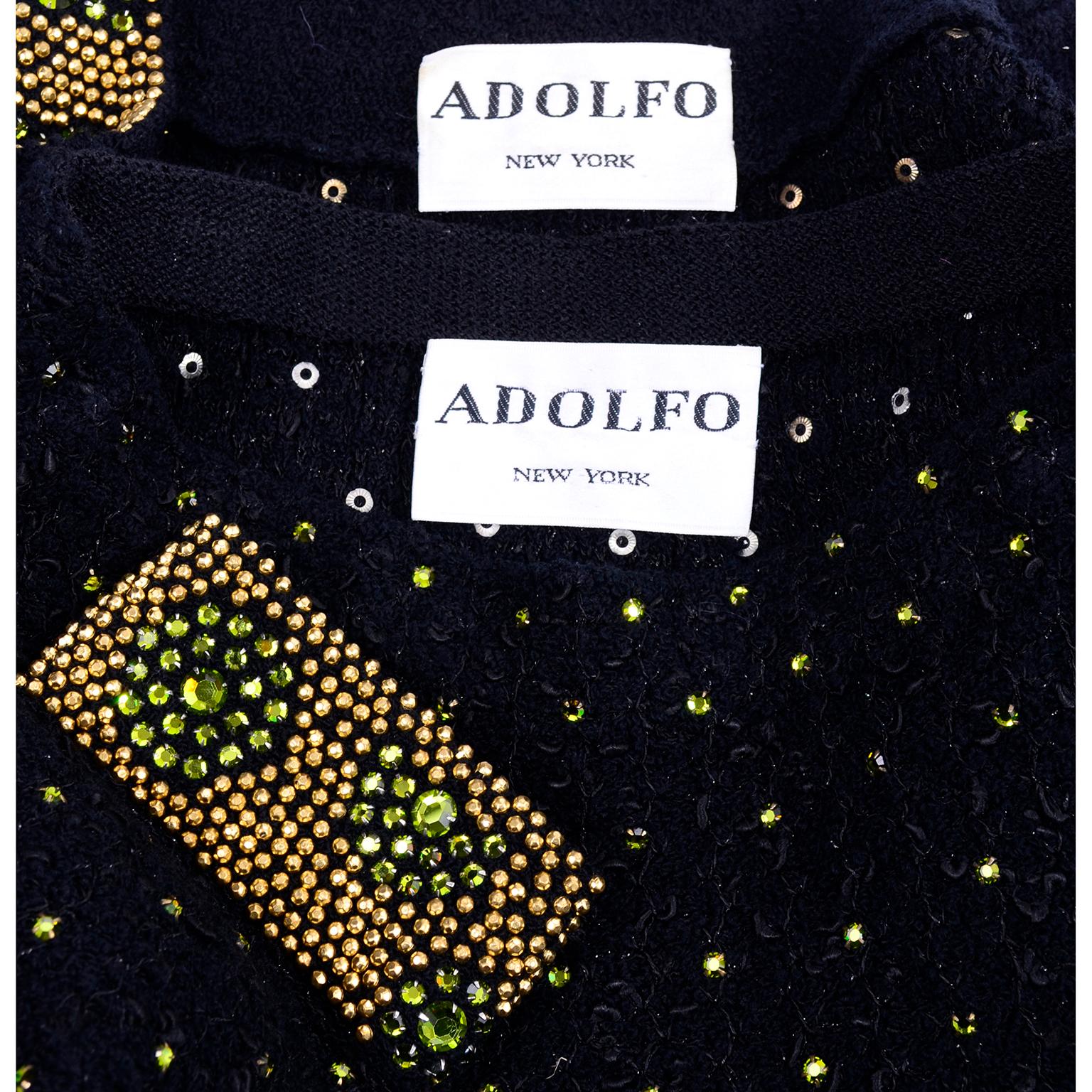 Vintage Adolfo Black Evening Dress Alternative Suit W/ Gold & Green Rhinestones 4