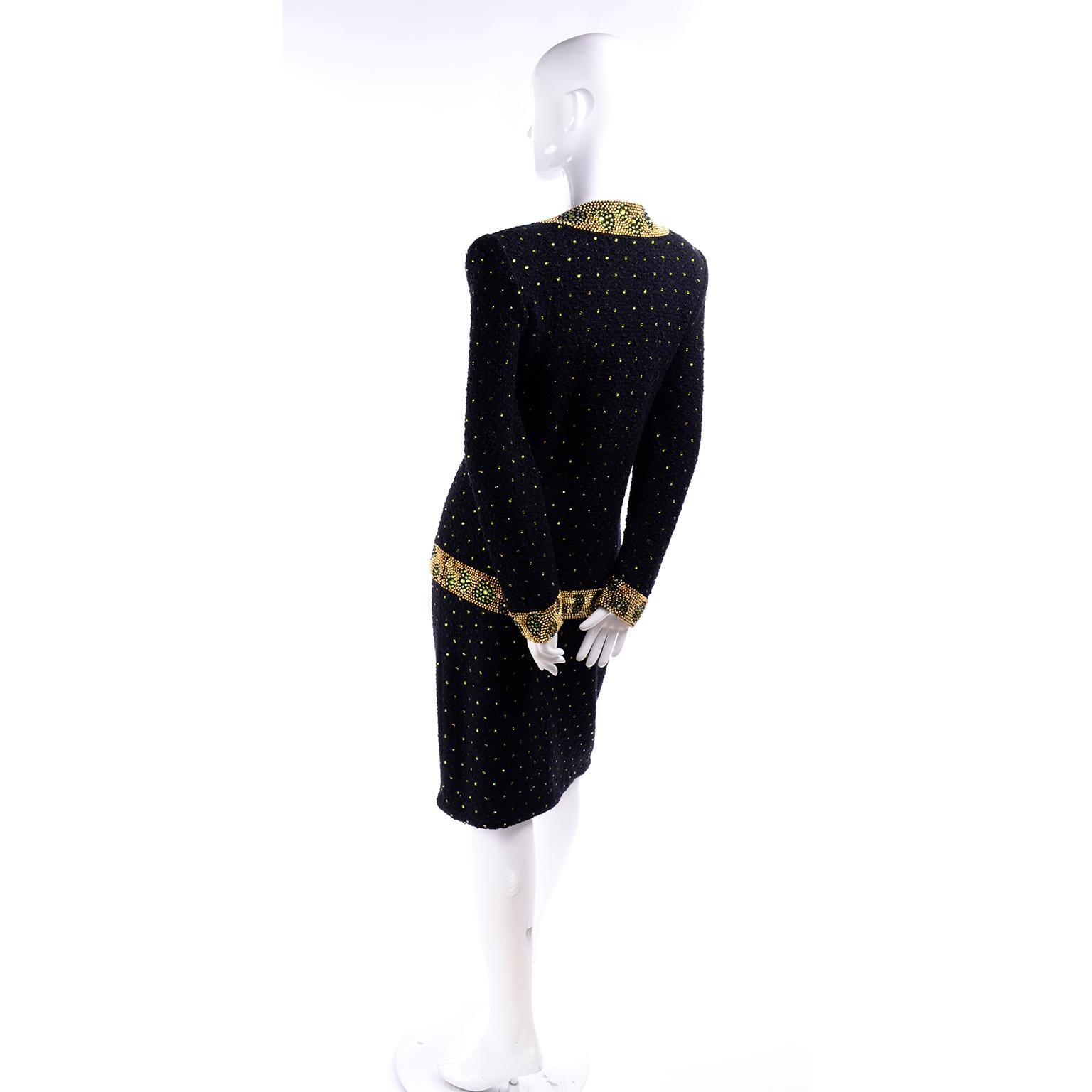 Women's Vintage Adolfo Black Evening Dress Alternative Suit W/ Gold & Green Rhinestones