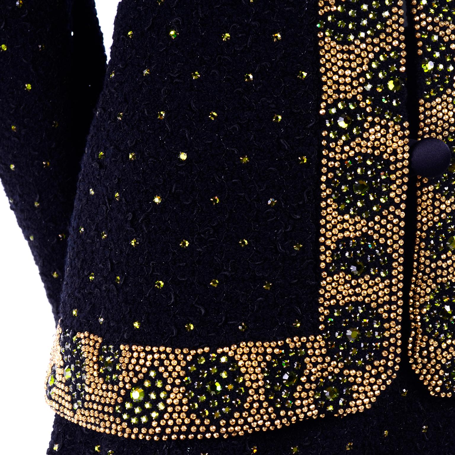 Vintage Adolfo Black Evening Dress Alternative Suit W/ Gold & Green Rhinestones 3