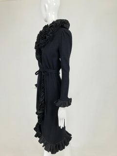 Vintage Adolfo Black Ruffle Trim Wrap Dress 1970s