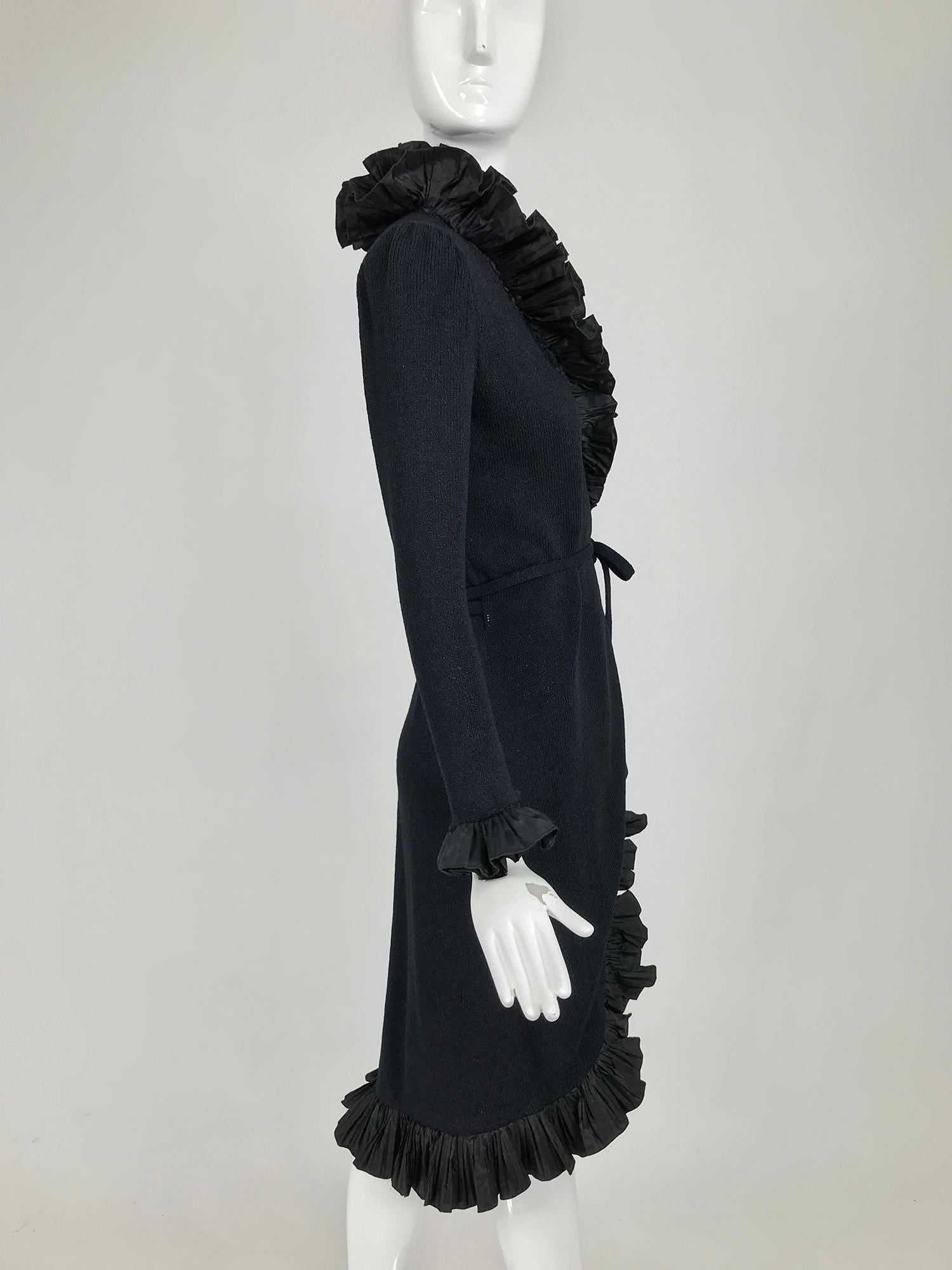Women's Vintage Adolfo Black Ruffle Trim Wrap Dress 1970s