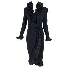 Vintage Adolfo Black Ruffle Trim Wrap Dress 1970s