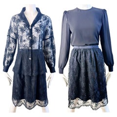 Vintage Adolfo Fall 1990 Black Silk Sheer Lace Three-Piece 90s Dress Ensemble