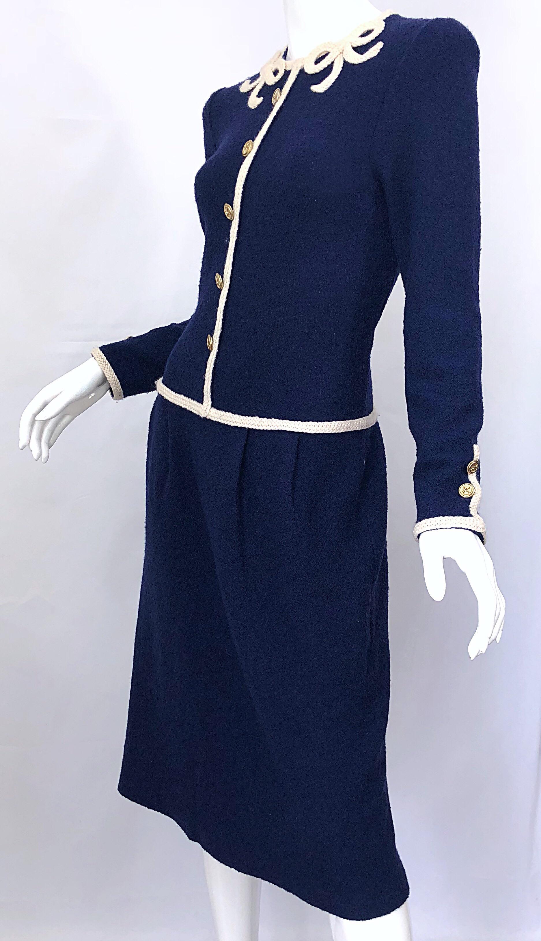 Vintage Adolfo For Saks 5th Avenue Navy Blue + Ivory Knit Embroidered Bow Dress 2