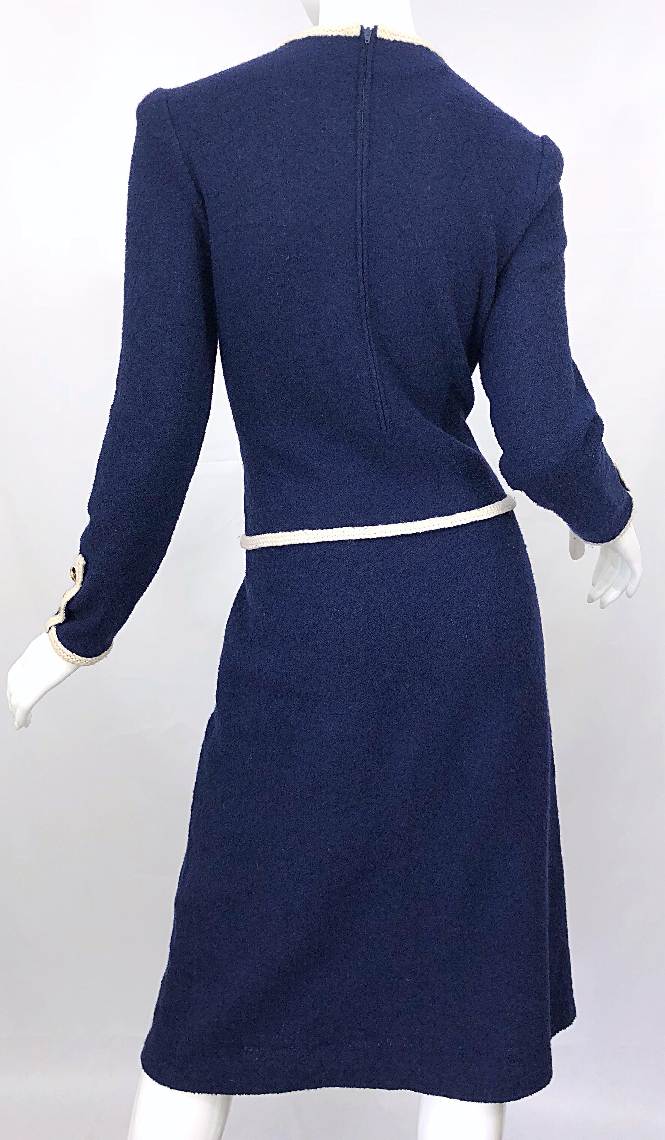 Vintage Adolfo For Saks 5th Avenue Navy Blue + Ivory Knit Embroidered Bow Dress 3
