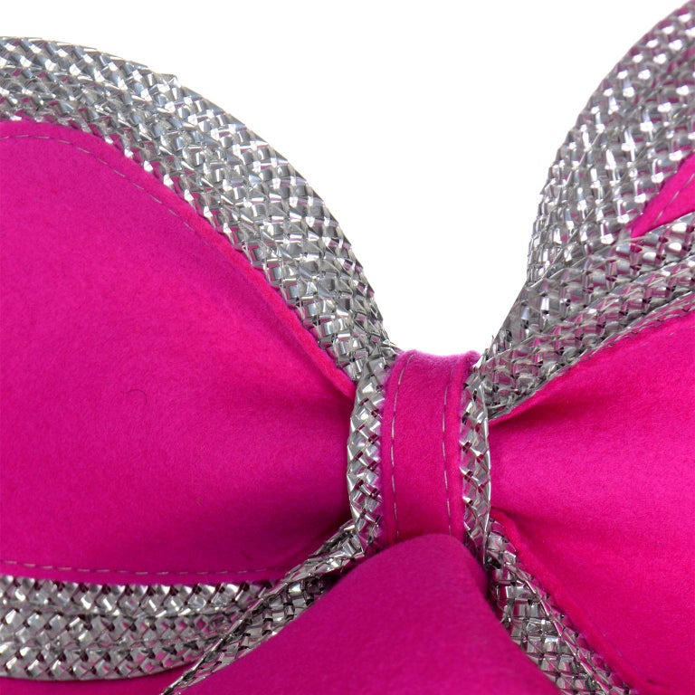 Vintage Adolfo II Hot Pink and Silver Structured Bow Statement Hat 2