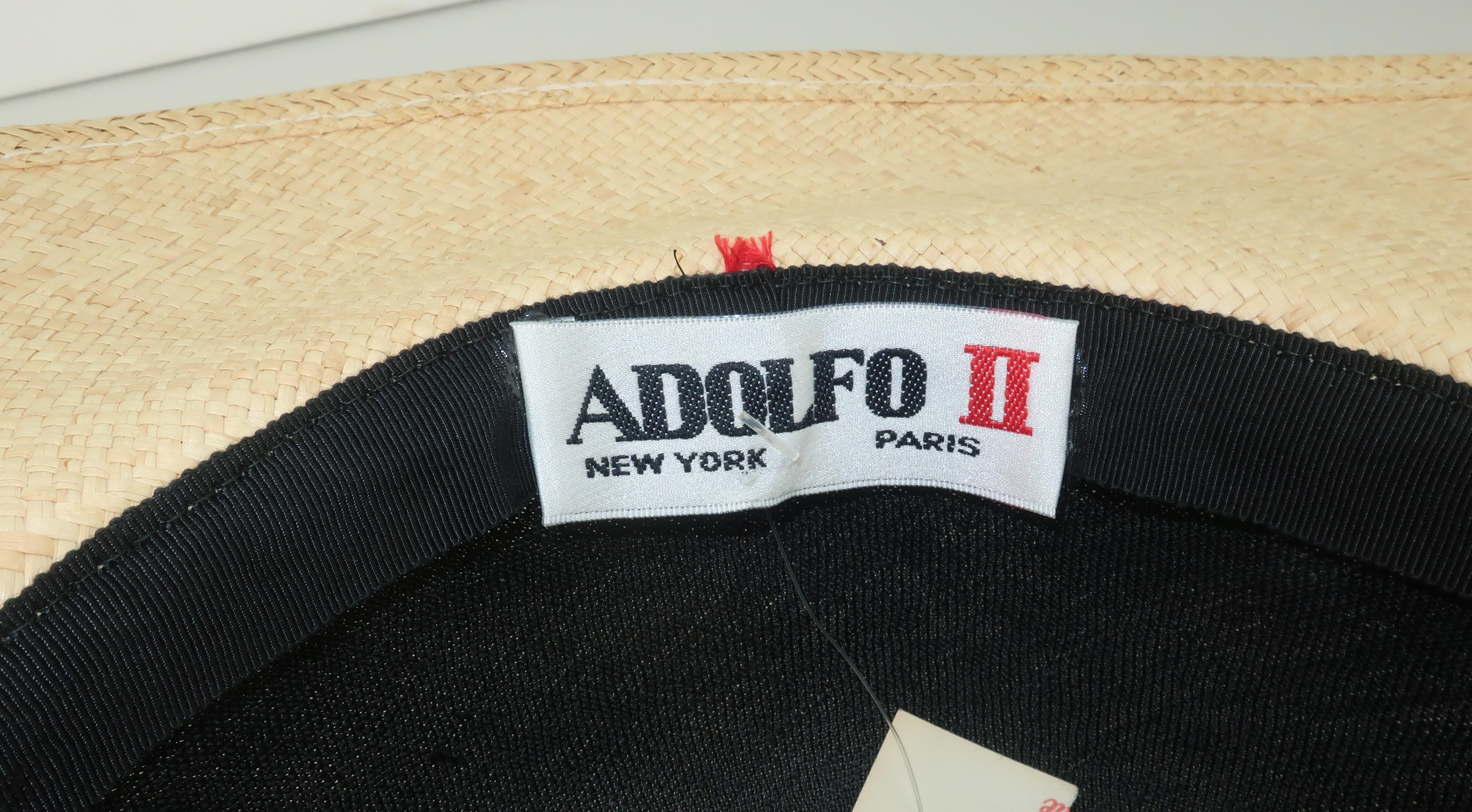 Vintage Adolfo II Midnight Blue Straw Hat With Hot Pink Band 2