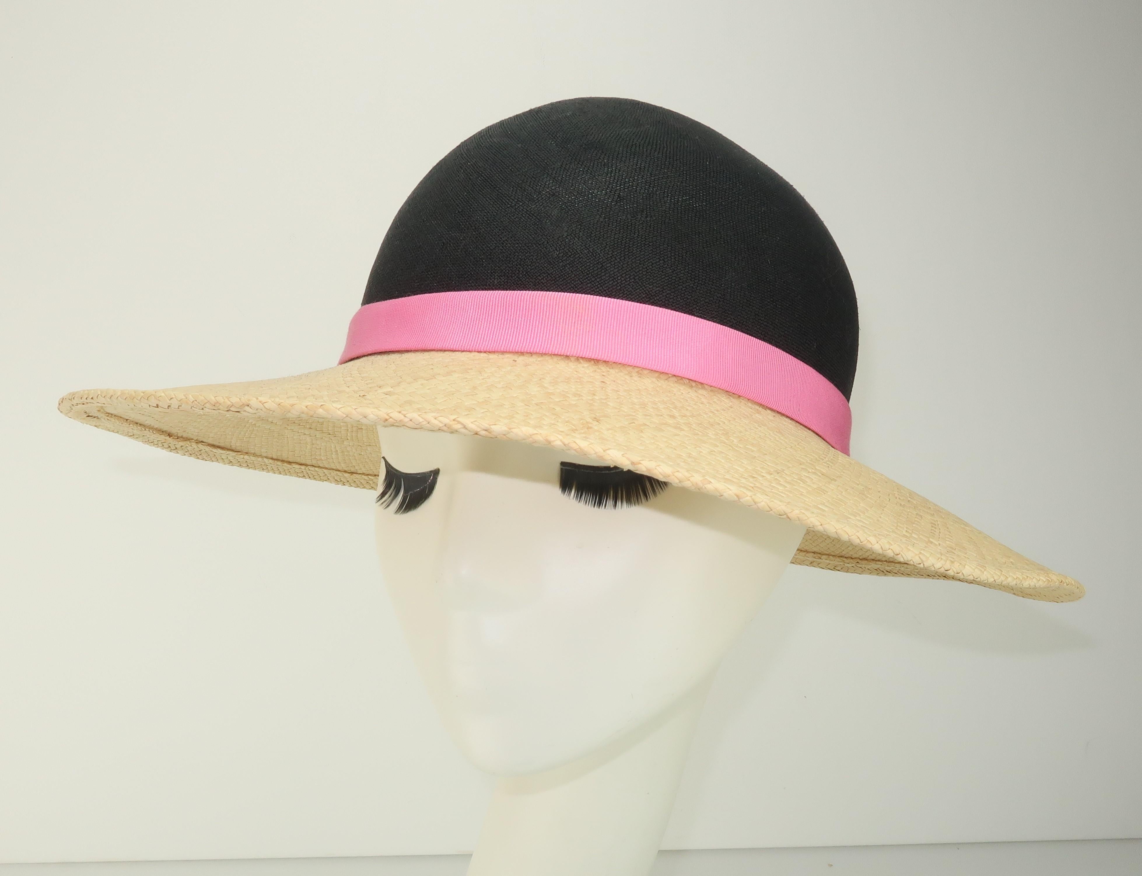 Beige Cappello di paglia vintage Adolfo II blu notte con fascia rosa caldo