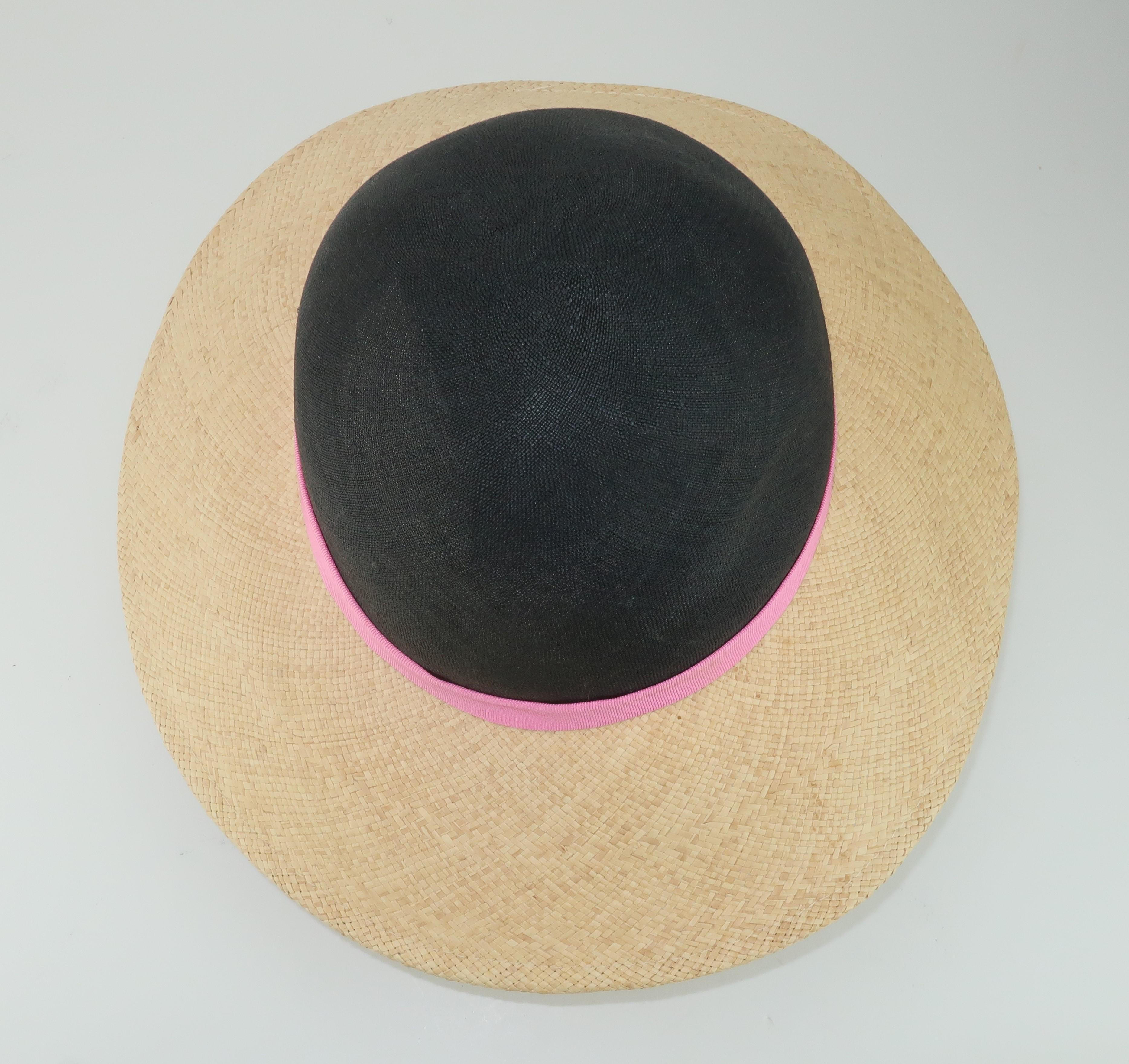 Beige Vintage Adolfo II Midnight Blue Straw Hat With Hot Pink Band