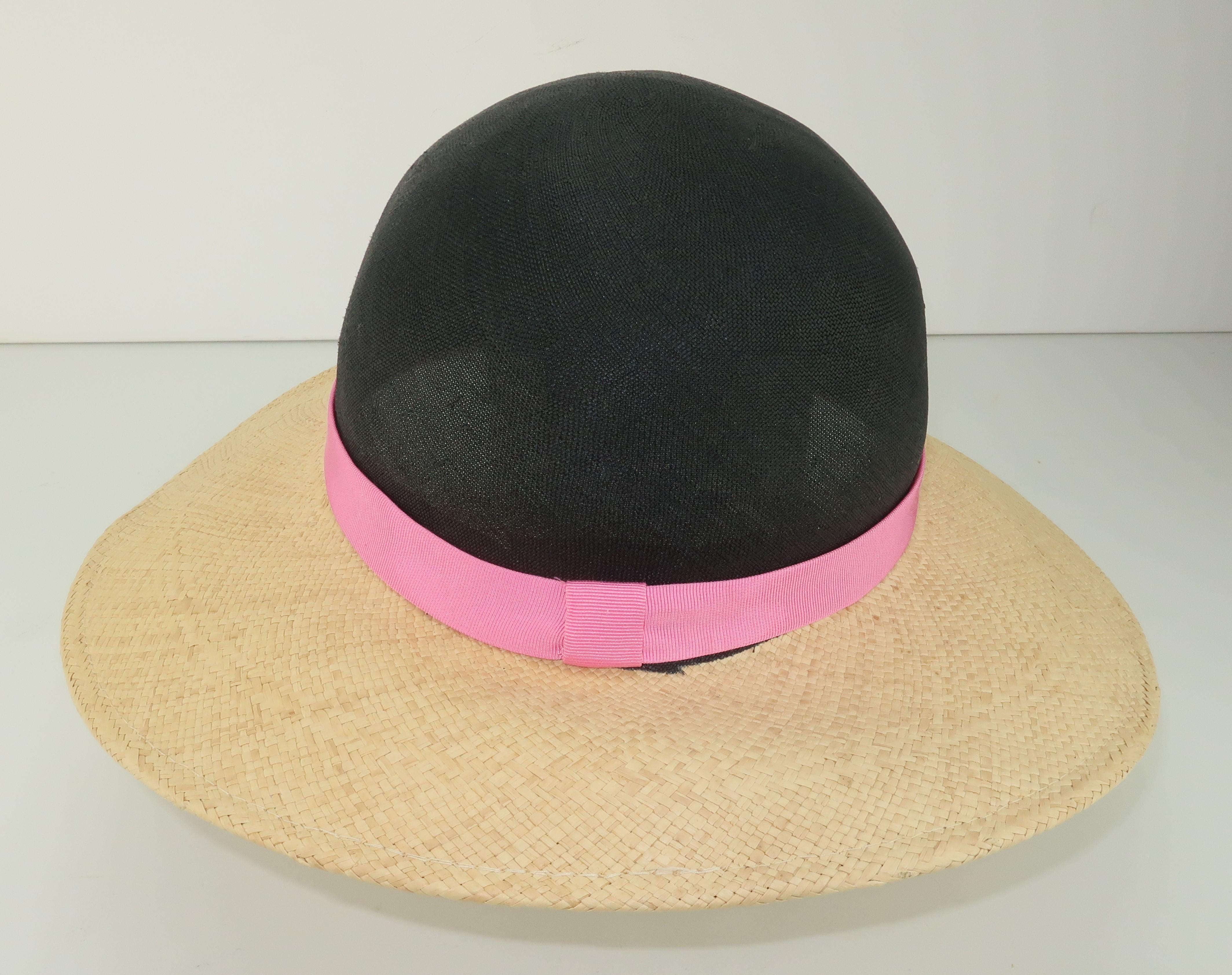 Vintage Adolfo II Midnight Blue Straw Hat With Hot Pink Band In Good Condition In Atlanta, GA