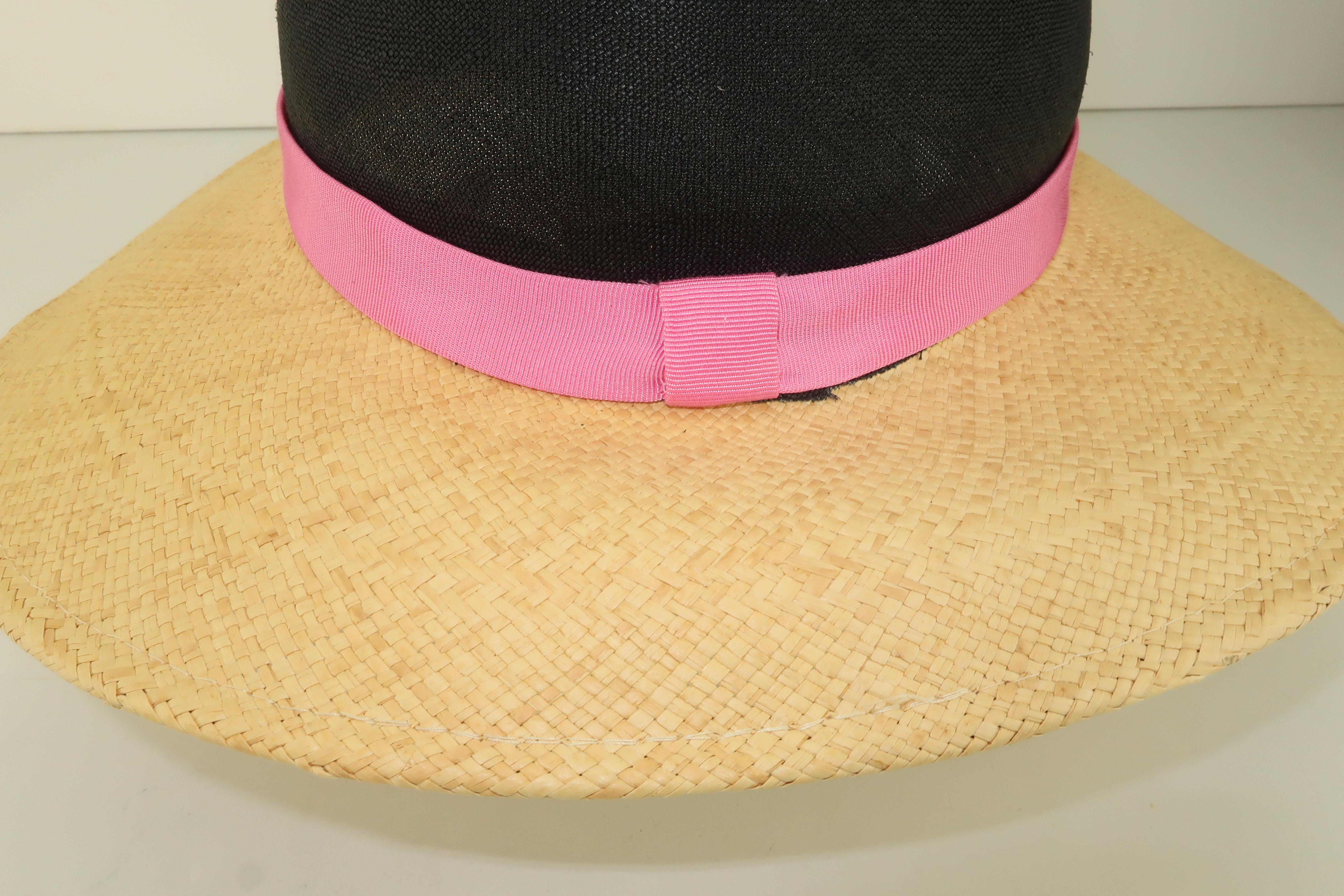 Women's Vintage Adolfo II Midnight Blue Straw Hat With Hot Pink Band