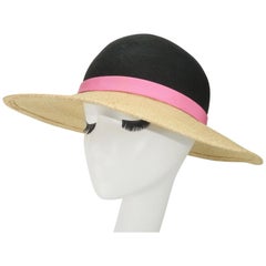Vintage Adolfo II Midnight Blue Straw Hat With Hot Pink Band