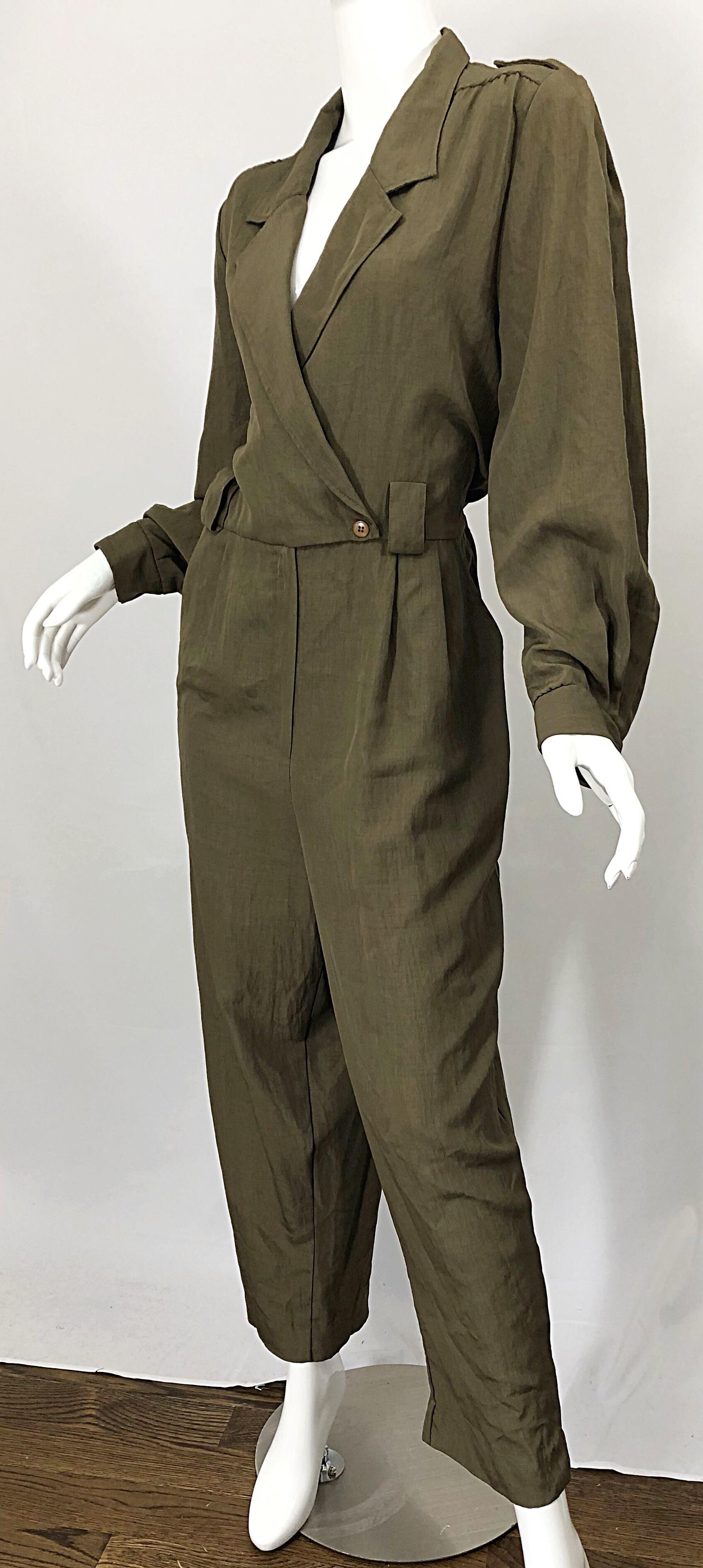 Vintage Adolfo Size 16 Army Green Military Inspired One Piece Jumpsuit For Sale 2