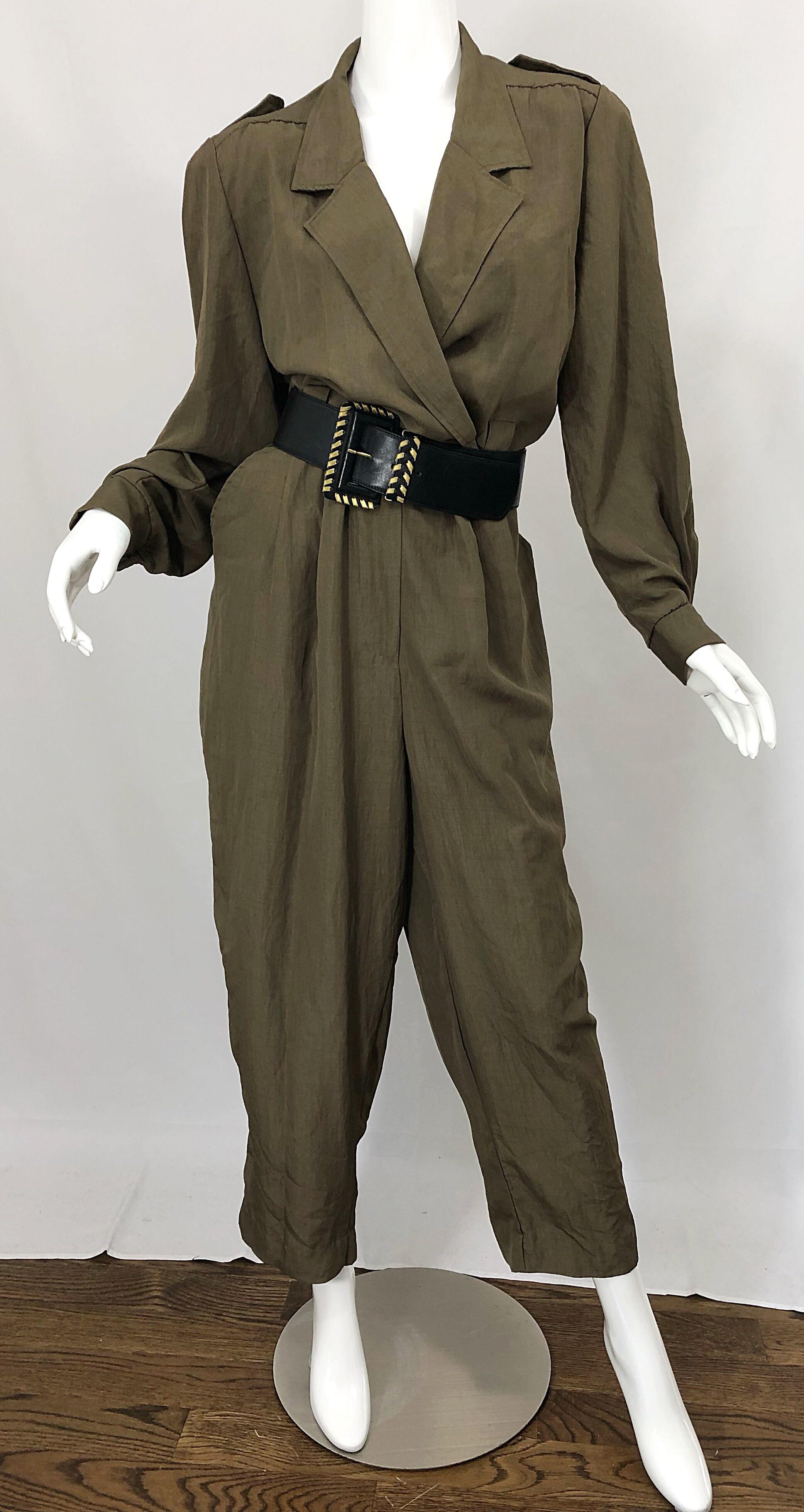 Vintage Adolfo Size 16 Army Green Military Inspired One Piece Jumpsuit For Sale 3