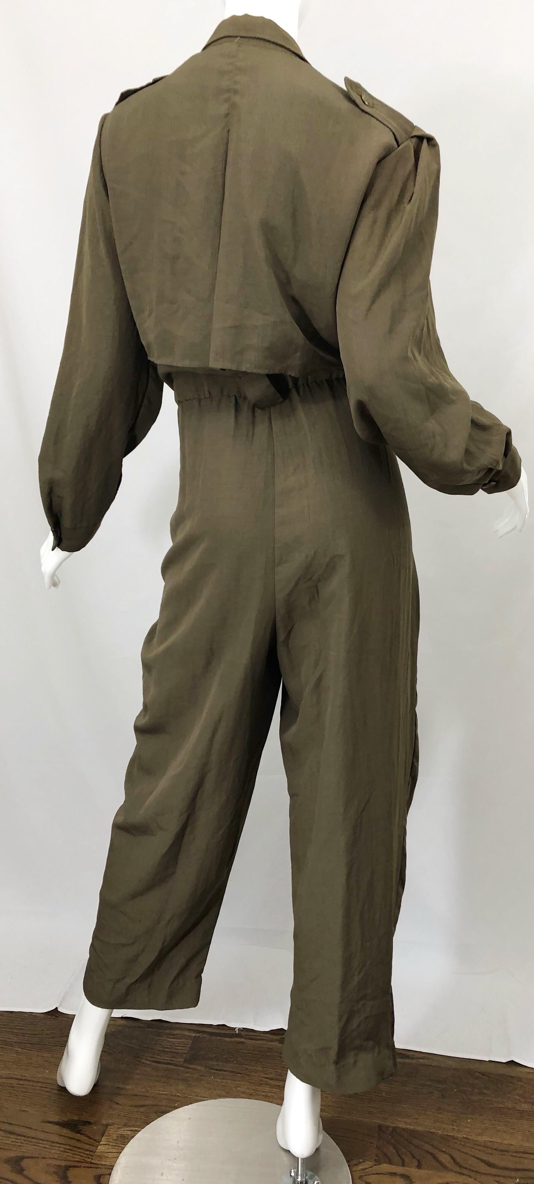 Vintage Adolfo Size 16 Army Green Military Inspired One Piece Jumpsuit For Sale 5