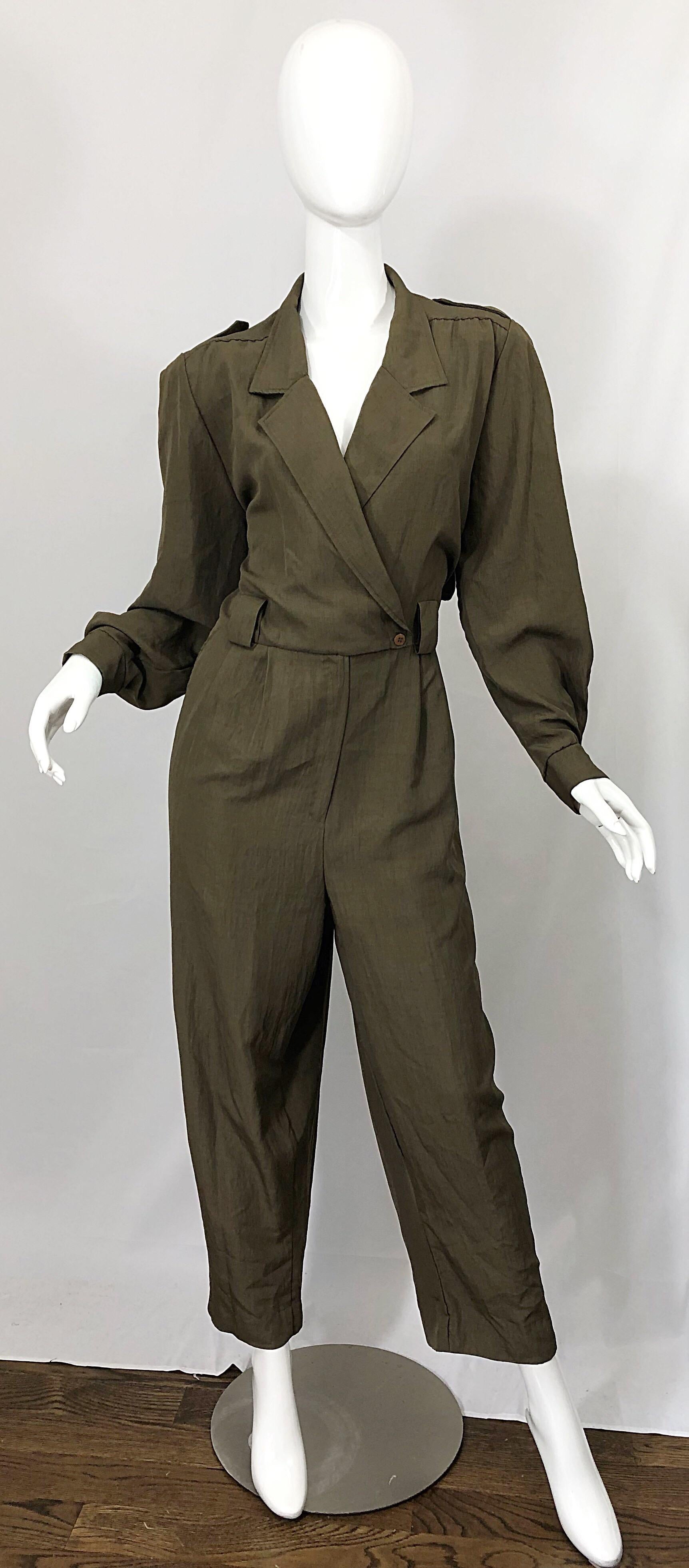Vintage Adolfo Size 16 Army Green Military Inspired One Piece Jumpsuit For Sale 6