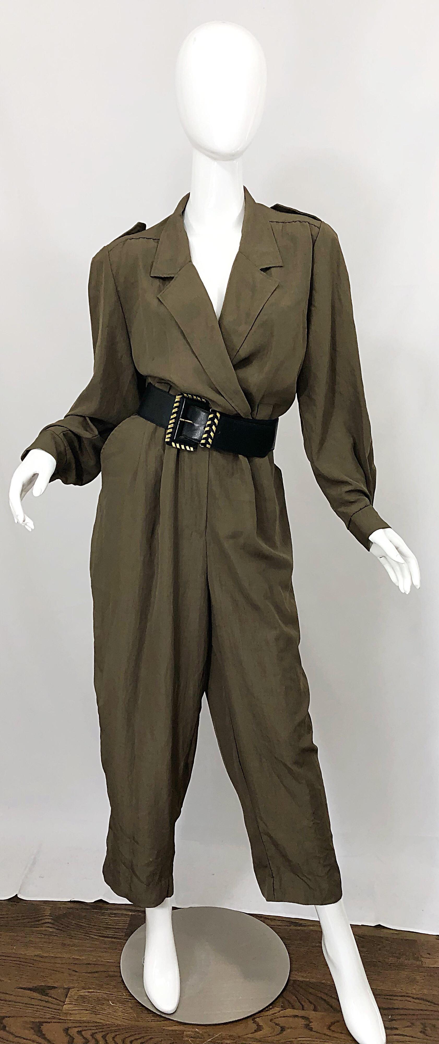 Black Vintage Adolfo Size 16 Army Green Military Inspired One Piece Jumpsuit For Sale