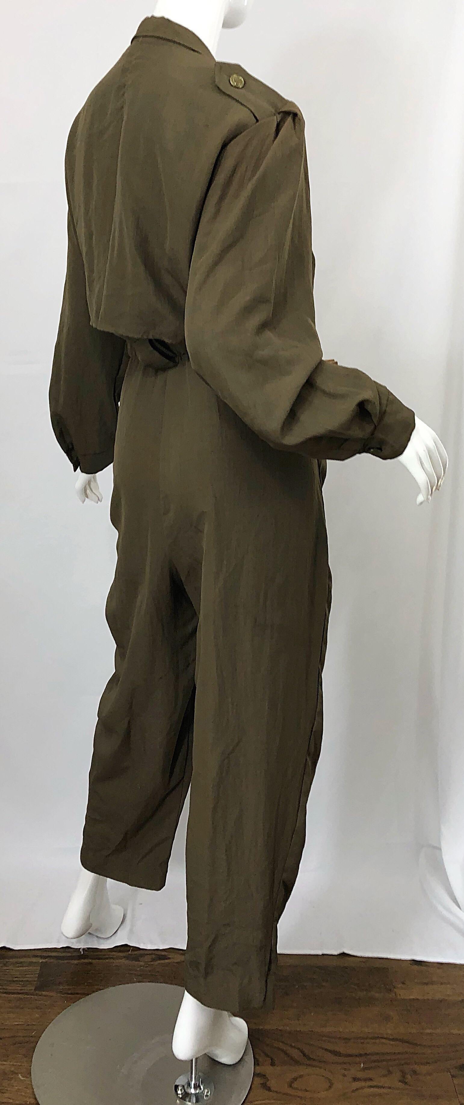Vintage Adolfo Size 16 Army Green Military Inspired One Piece Jumpsuit In Excellent Condition For Sale In San Diego, CA