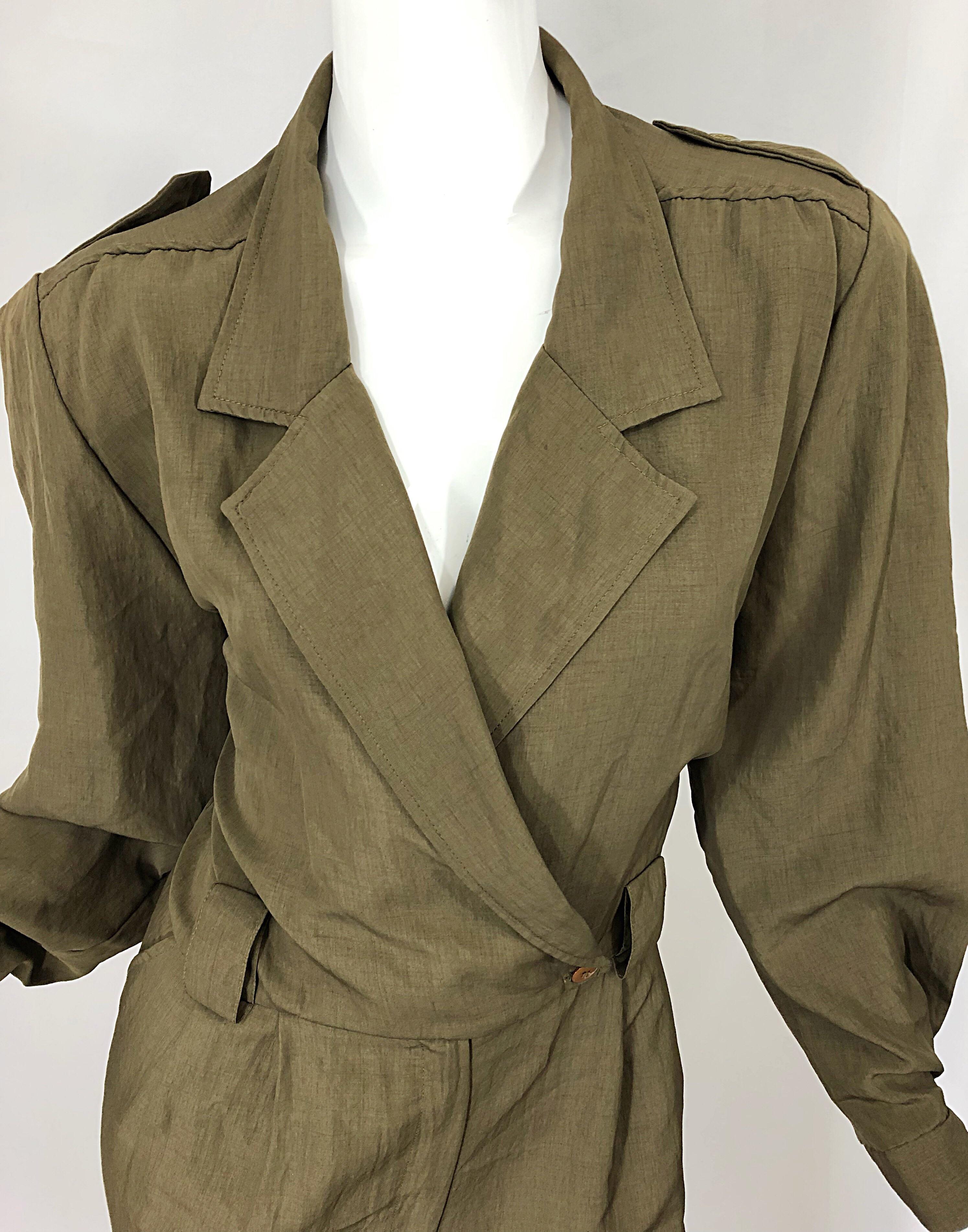 Women's Vintage Adolfo Size 16 Army Green Military Inspired One Piece Jumpsuit For Sale