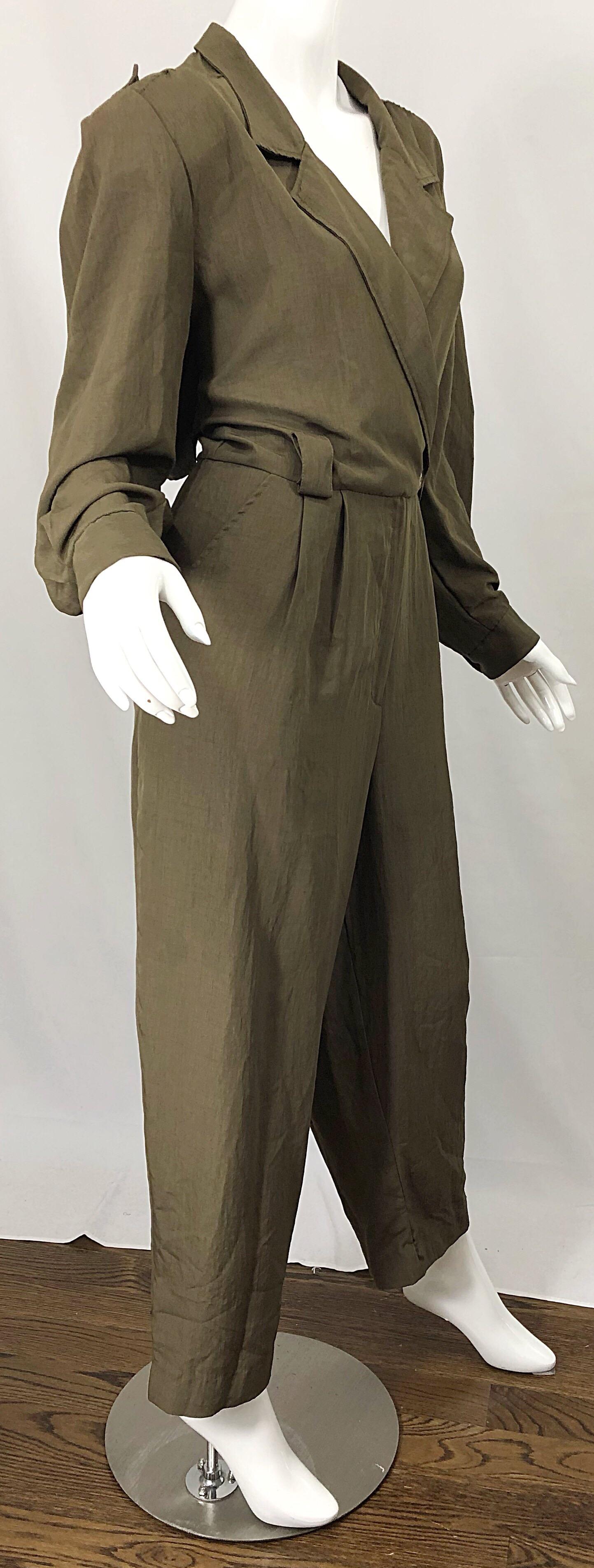 Vintage Adolfo Size 16 Army Green Military Inspired One Piece Jumpsuit For Sale 1