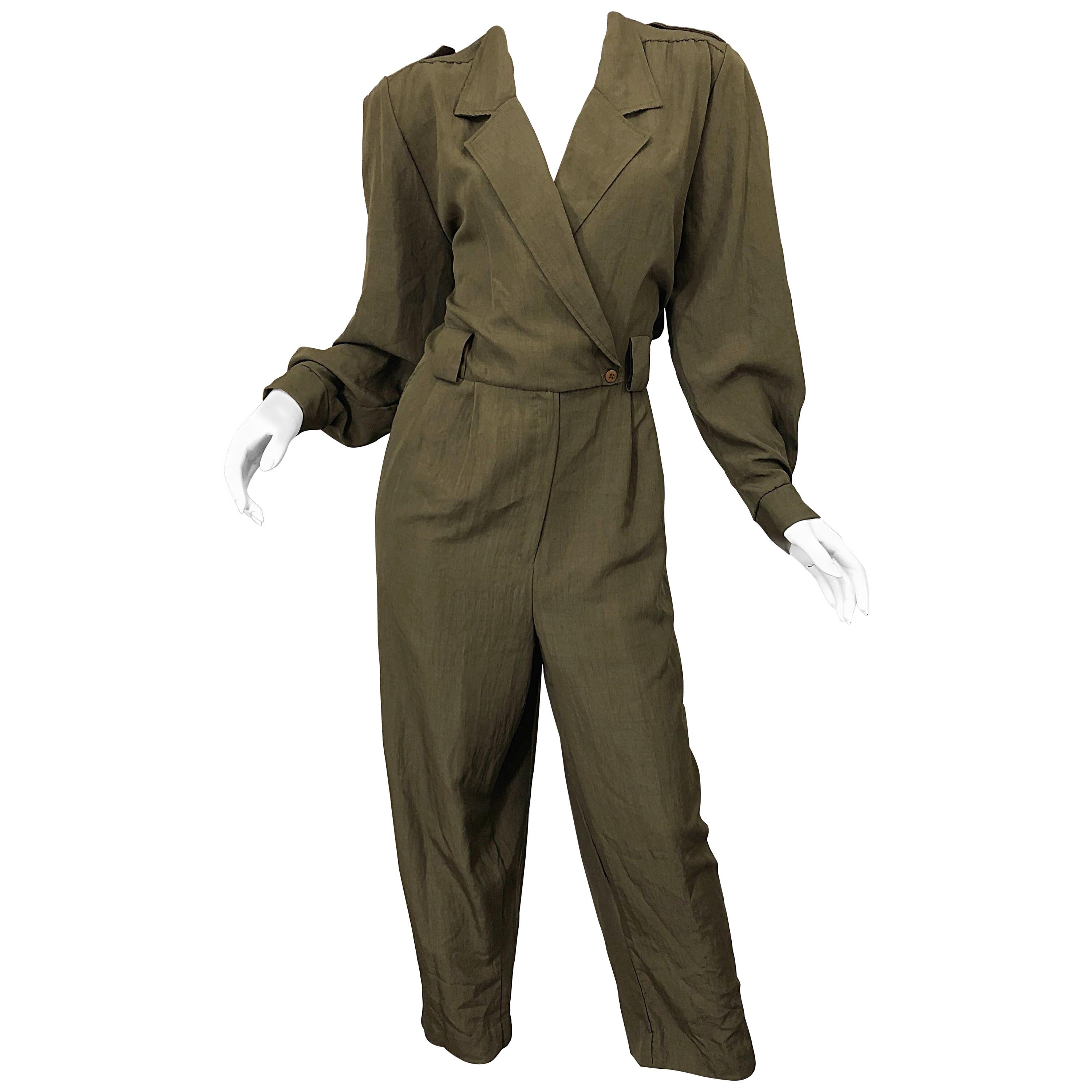 Vintage Adolfo Size 16 Army Green Military Inspired One Piece Jumpsuit For Sale