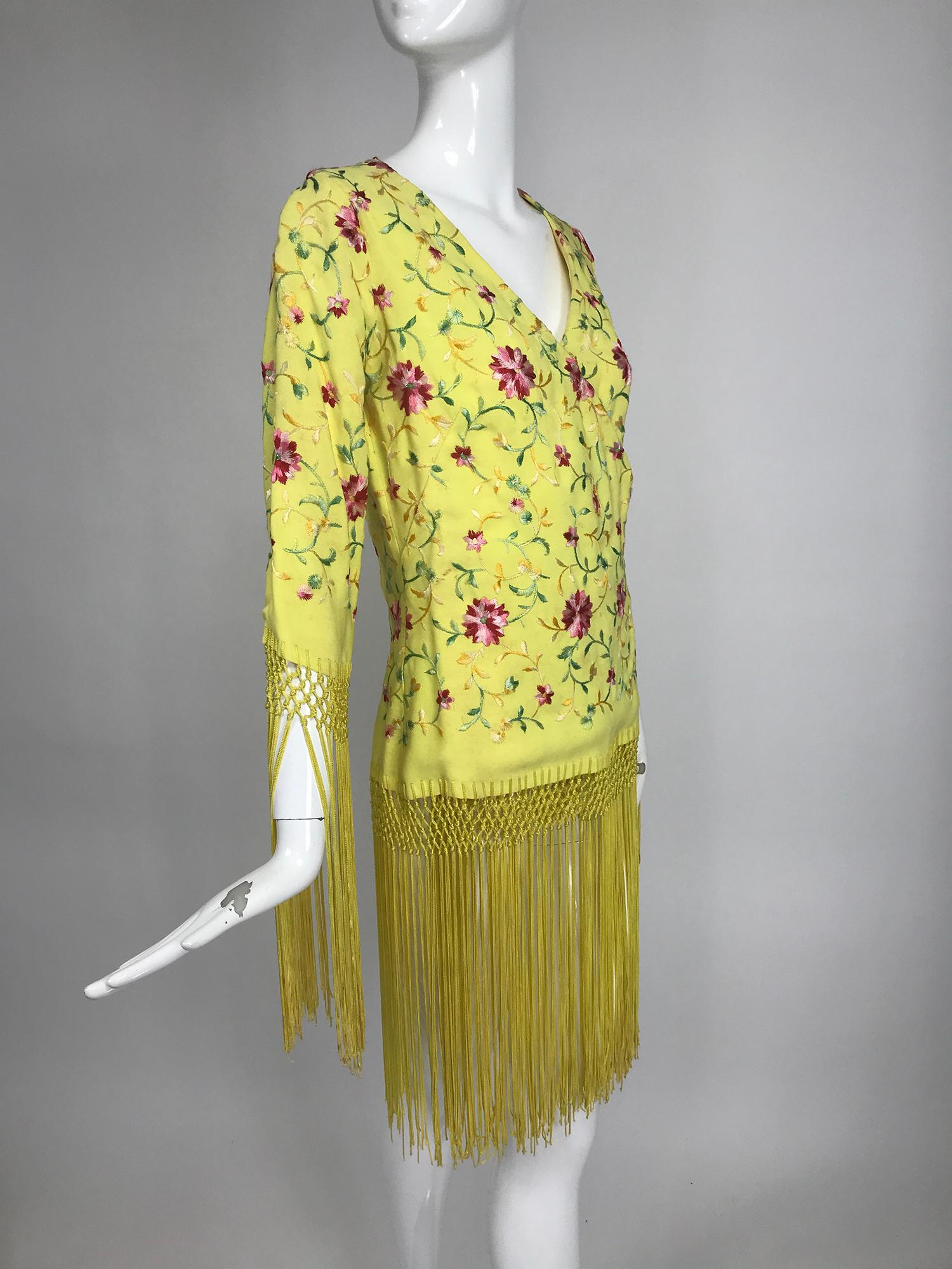 Vintage Adolft Yellow Embroidered Fringe Trim Wrap Jacket Tunic 1970s 7