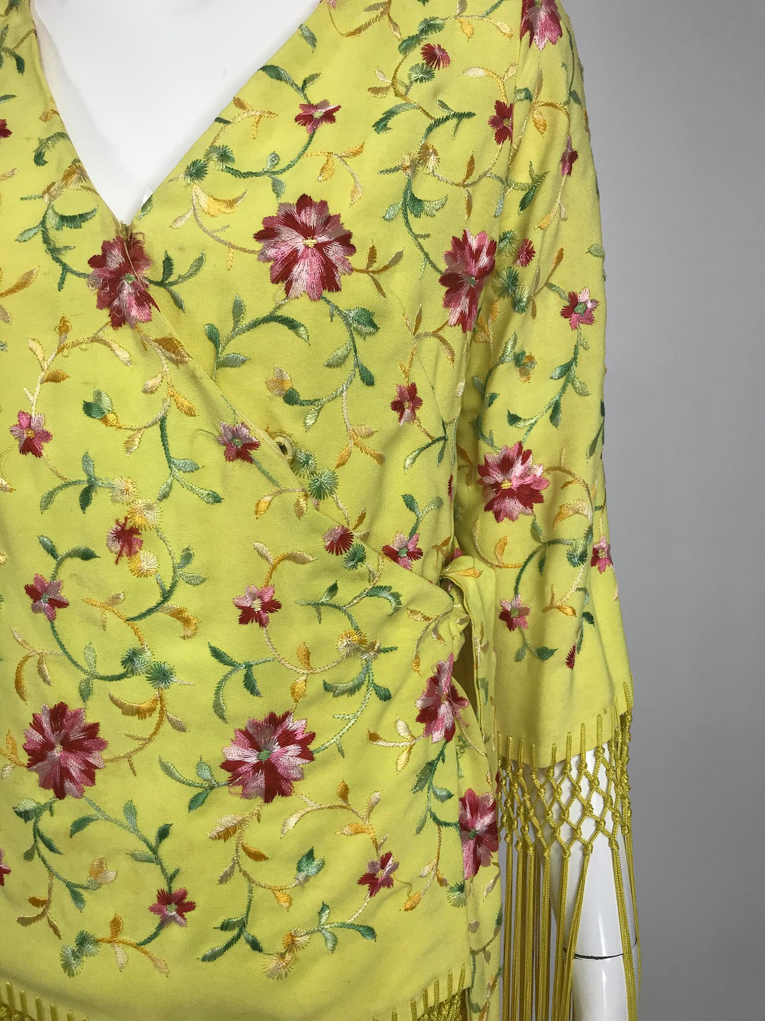 Vintage Adolft Yellow Embroidered Fringe Trim Wrap Jacket Tunic 1970s 8