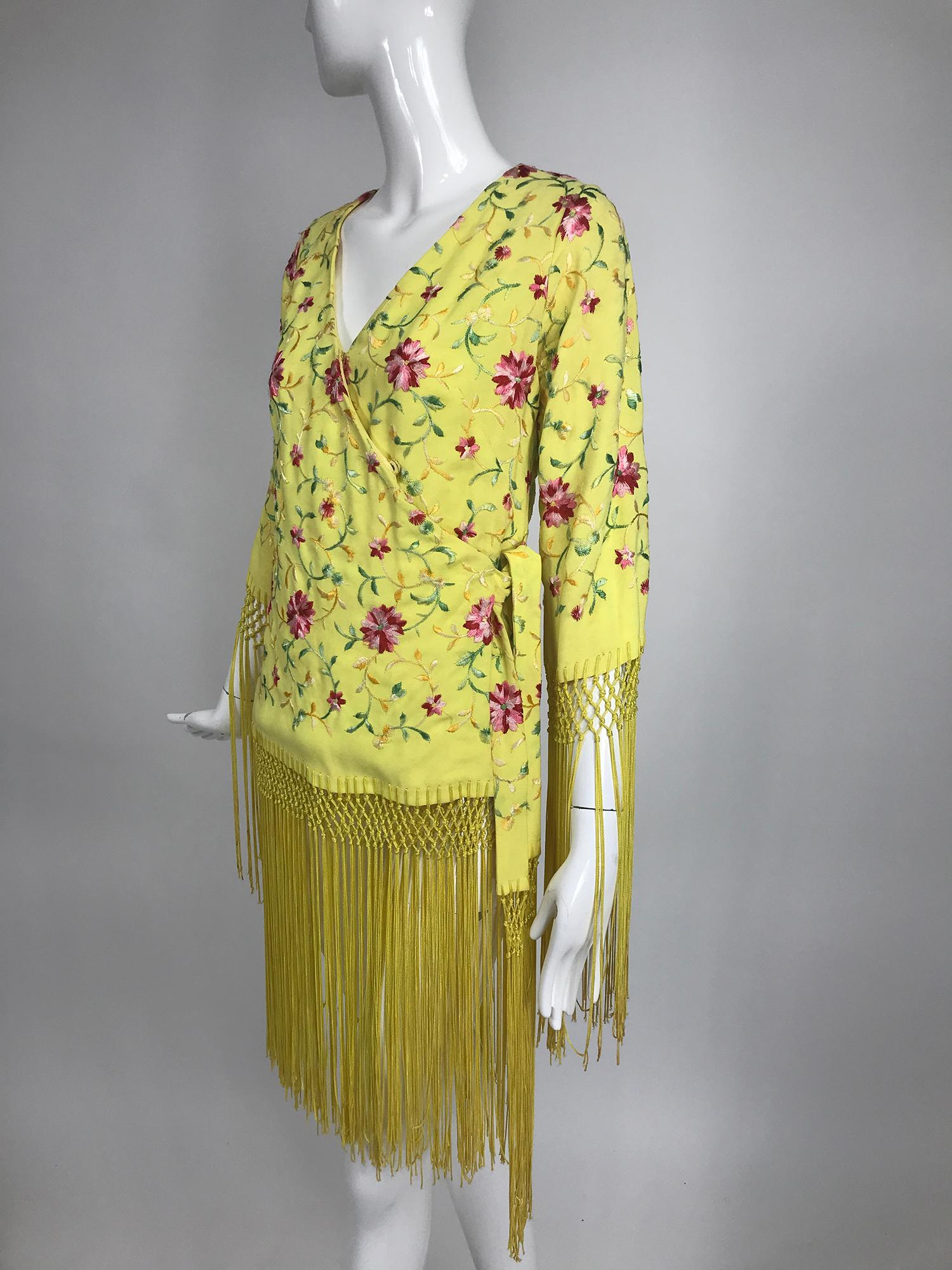Vintage Adolft Yellow Embroidered Fringe Trim Wrap Jacket Tunic 1970s In Good Condition In West Palm Beach, FL