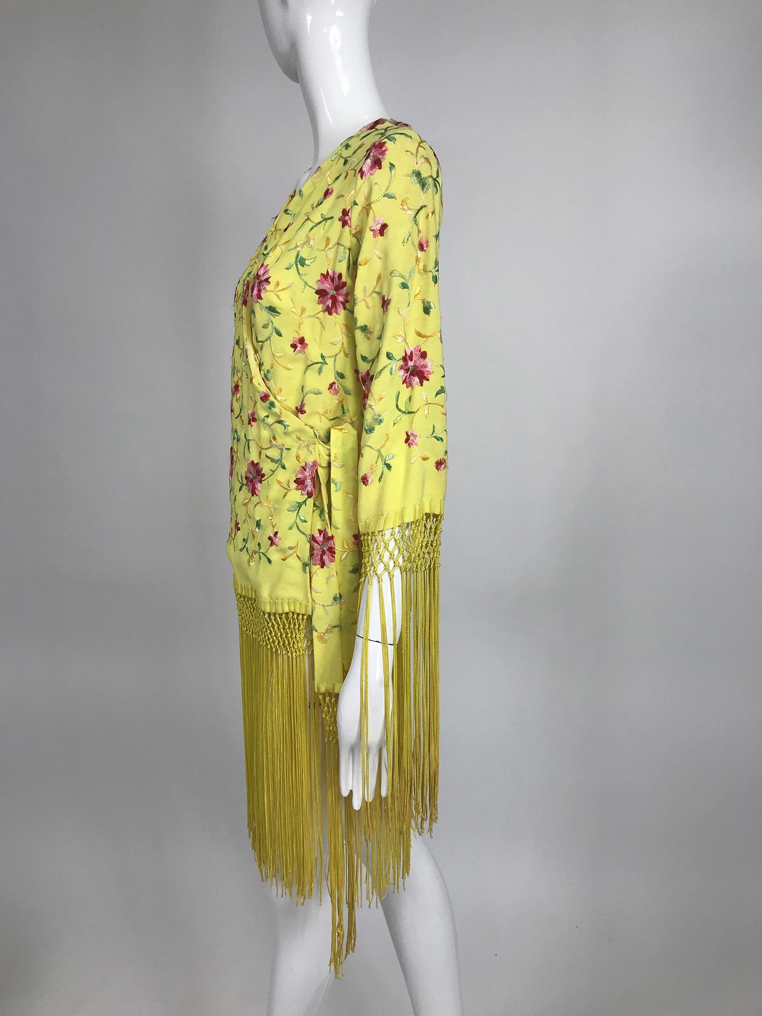 Women's Vintage Adolft Yellow Embroidered Fringe Trim Wrap Jacket Tunic 1970s