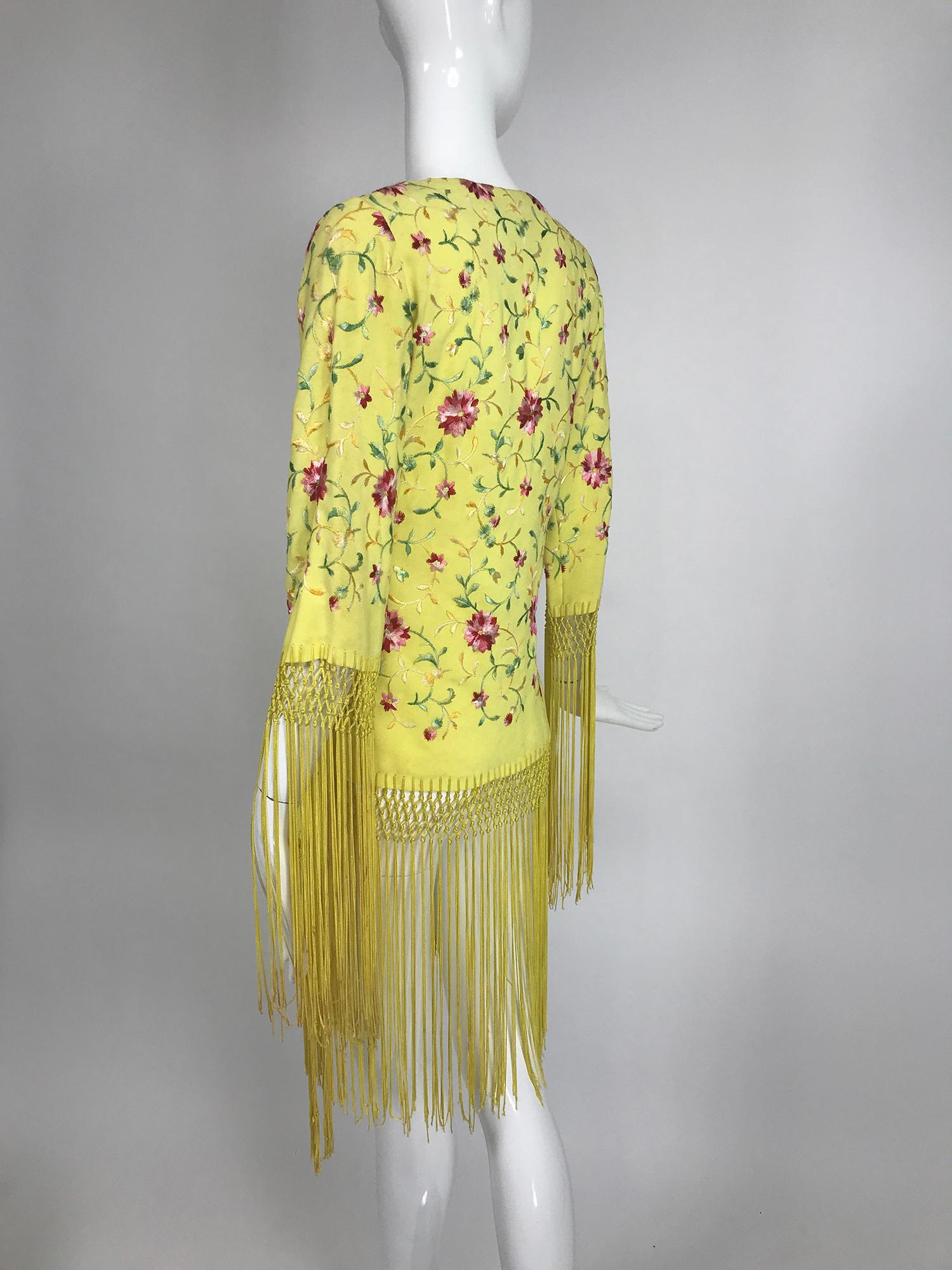 Vintage Adolft Yellow Embroidered Fringe Trim Wrap Jacket Tunic 1970s 1