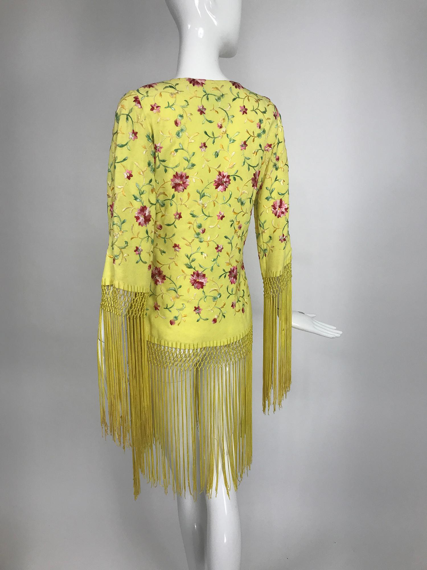 Vintage Adolft Yellow Embroidered Fringe Trim Wrap Jacket Tunic 1970s 2