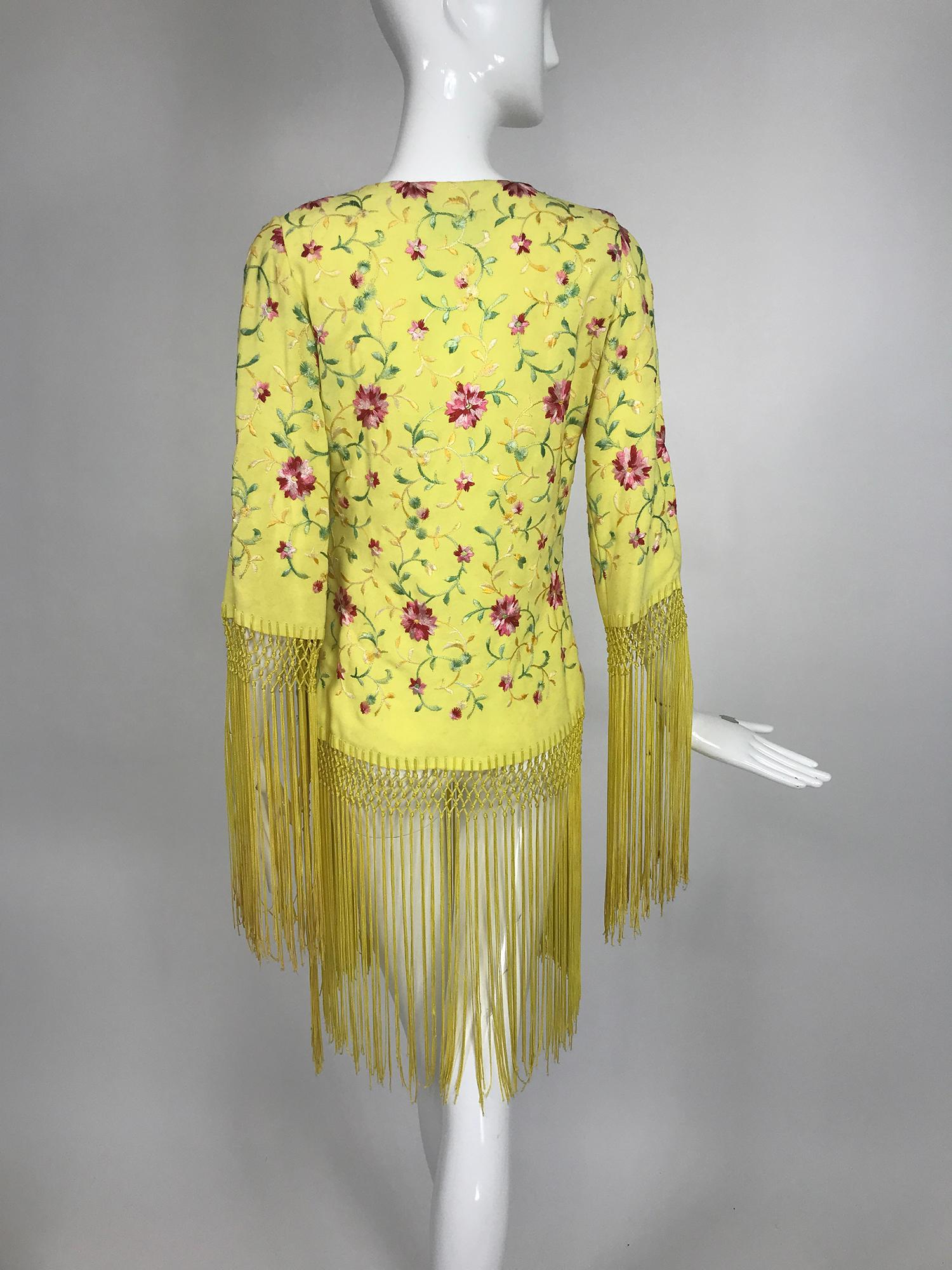 Vintage Adolft Yellow Embroidered Fringe Trim Wrap Jacket Tunic 1970s 3