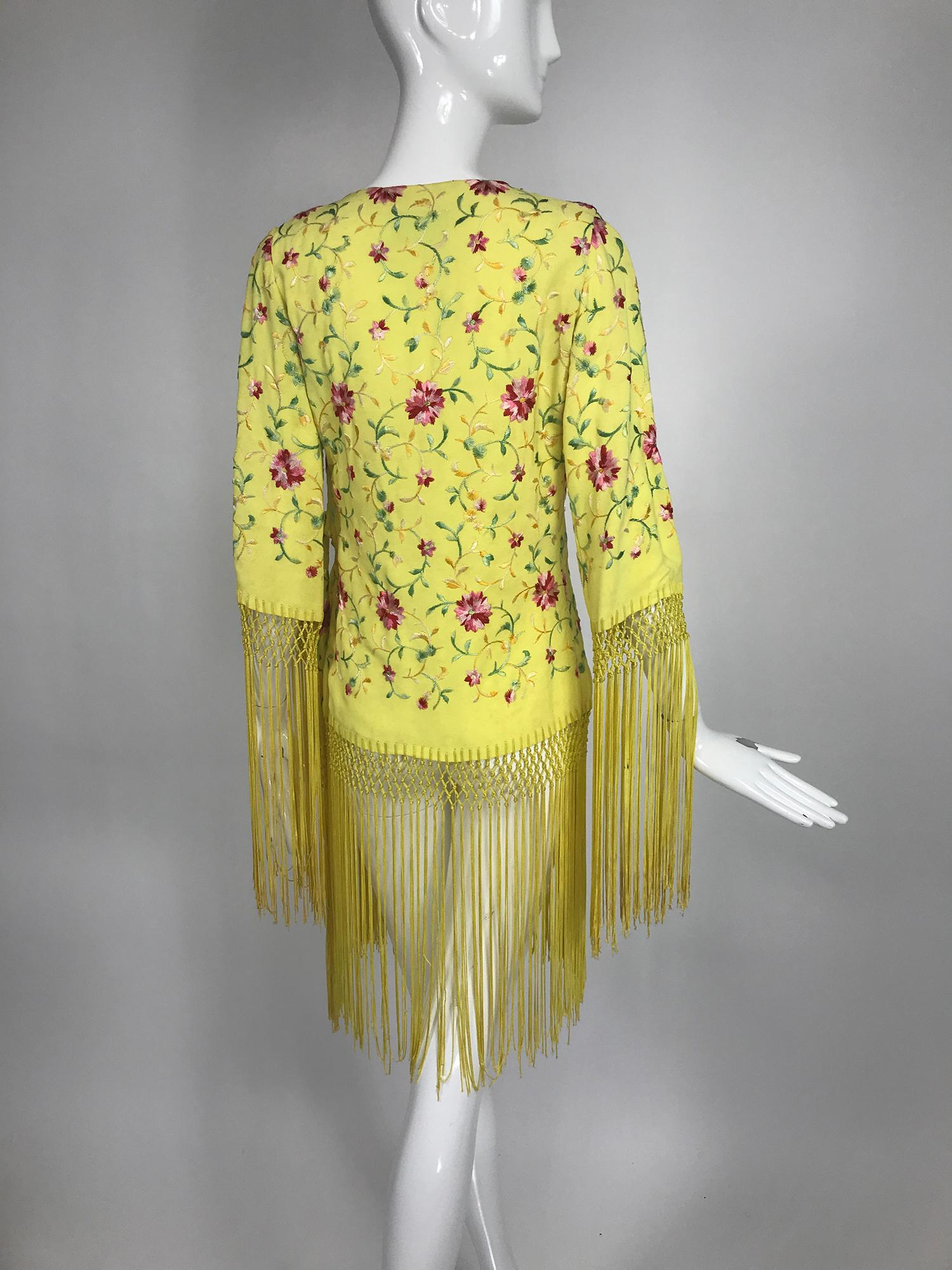 Vintage Adolft Yellow Embroidered Fringe Trim Wrap Jacket Tunic 1970s 4