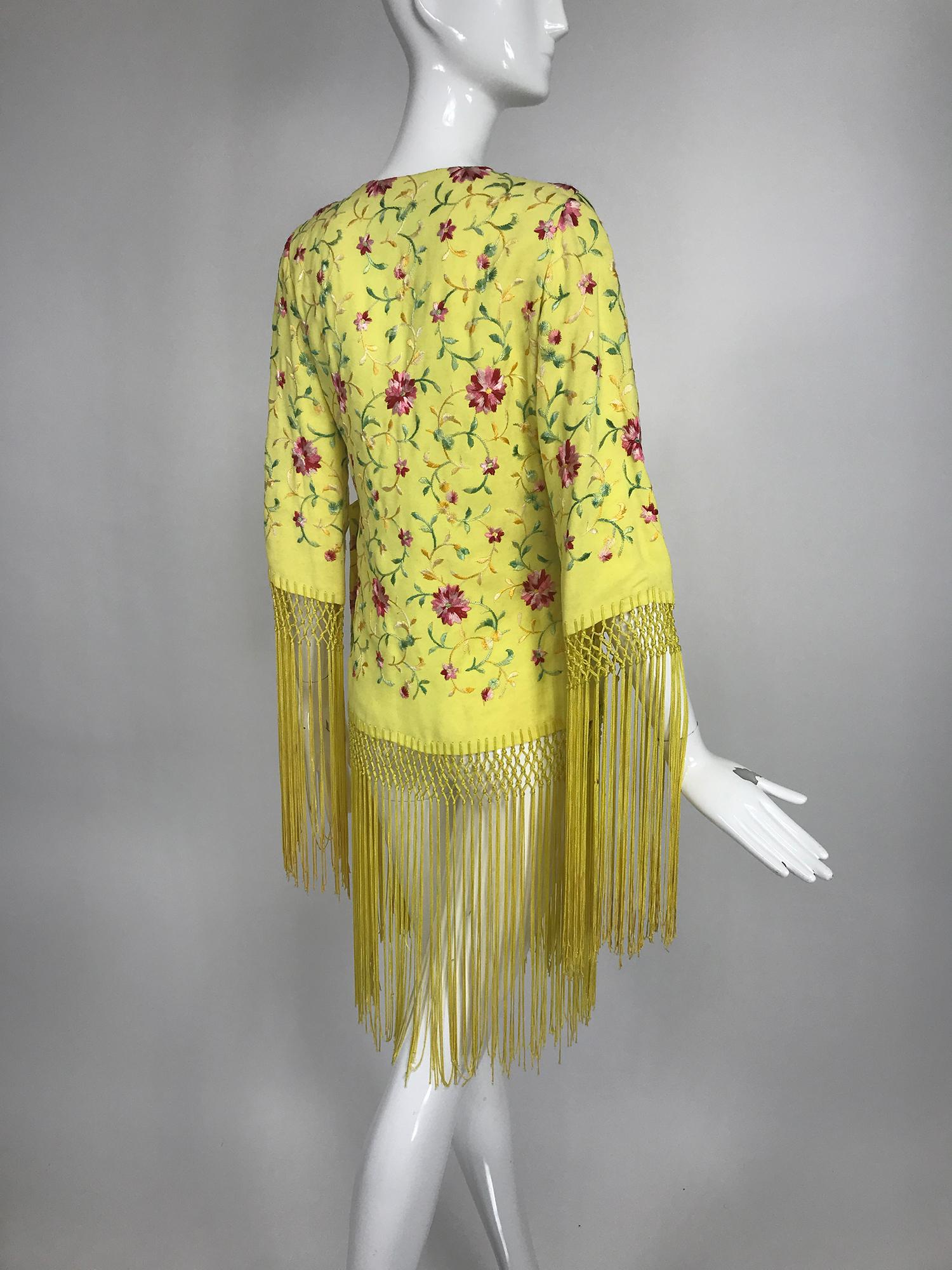 Vintage Adolft Yellow Embroidered Fringe Trim Wrap Jacket Tunic 1970s 5