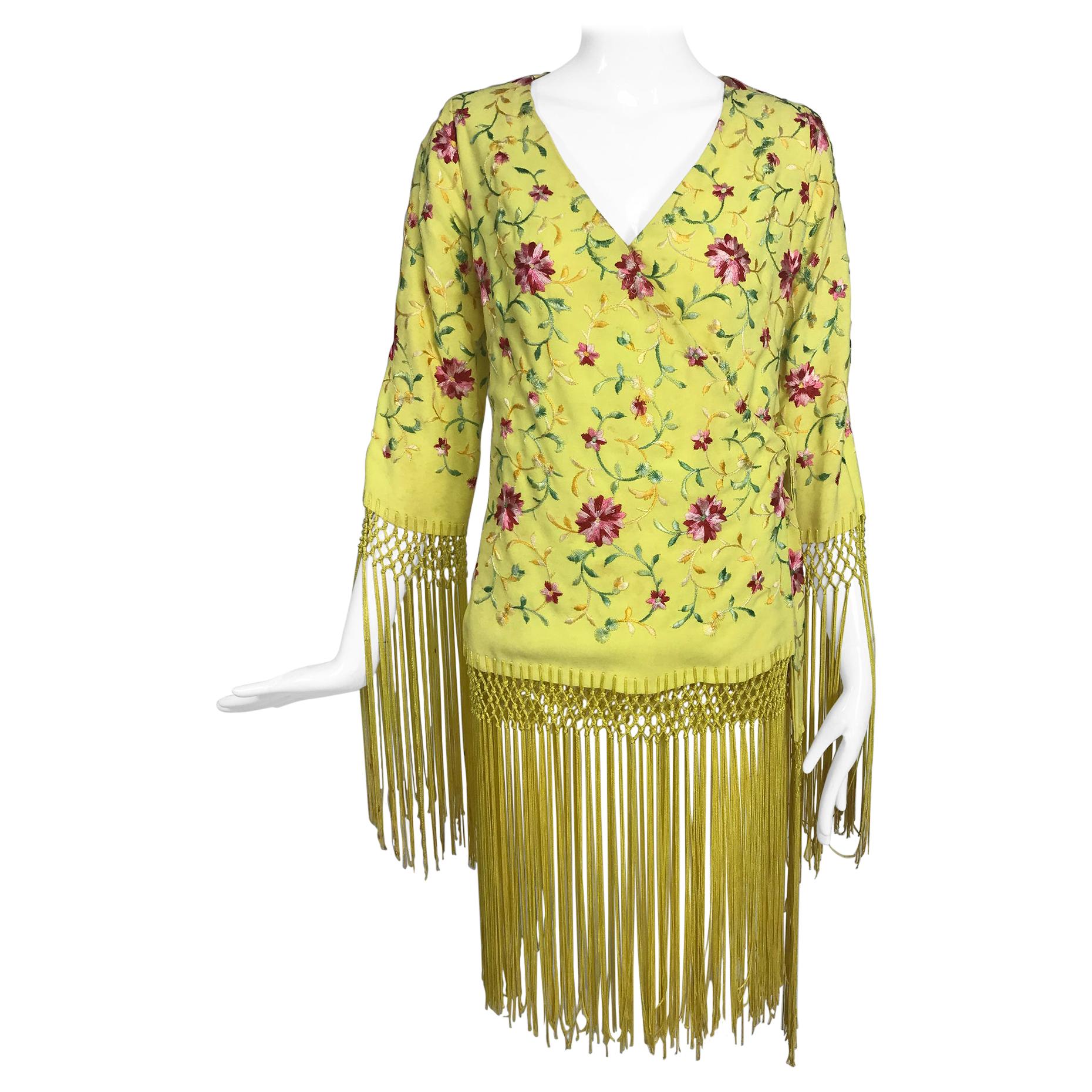 Vintage Adolft Yellow Embroidered Fringe Trim Wrap Jacket Tunic 1970s