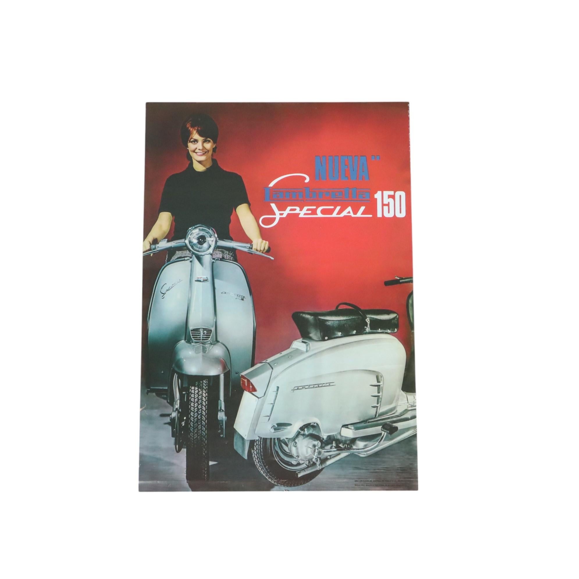 Cool et authentique affiche publicitaire vintage de la fin des années 60, Nueva Lambretta Special 150, affiche espagnole sortie en 1967.

Marqué en bas à droite : 