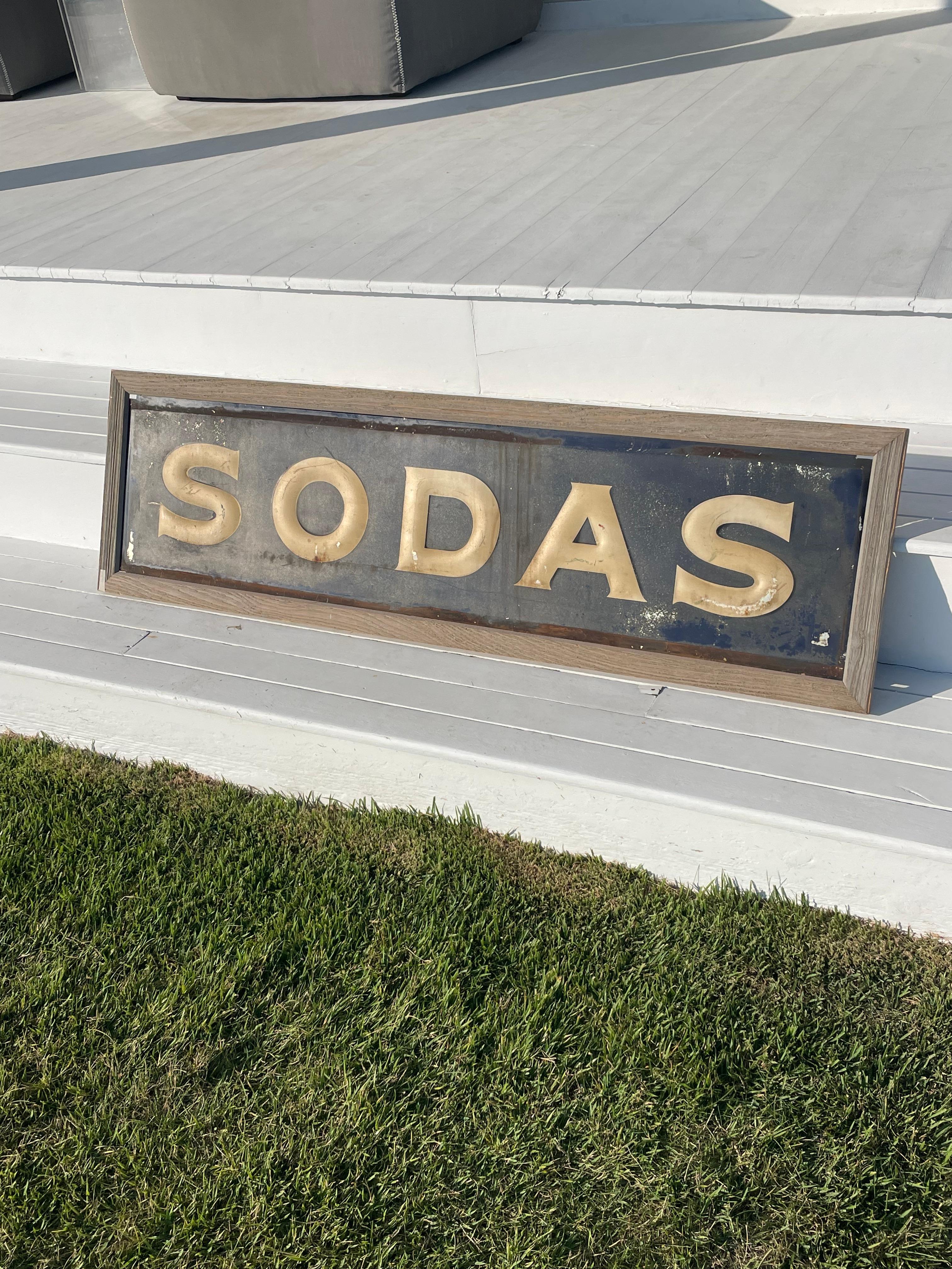 American Vintage Advertising “SODAS” Metal Embossed Sign For Sale