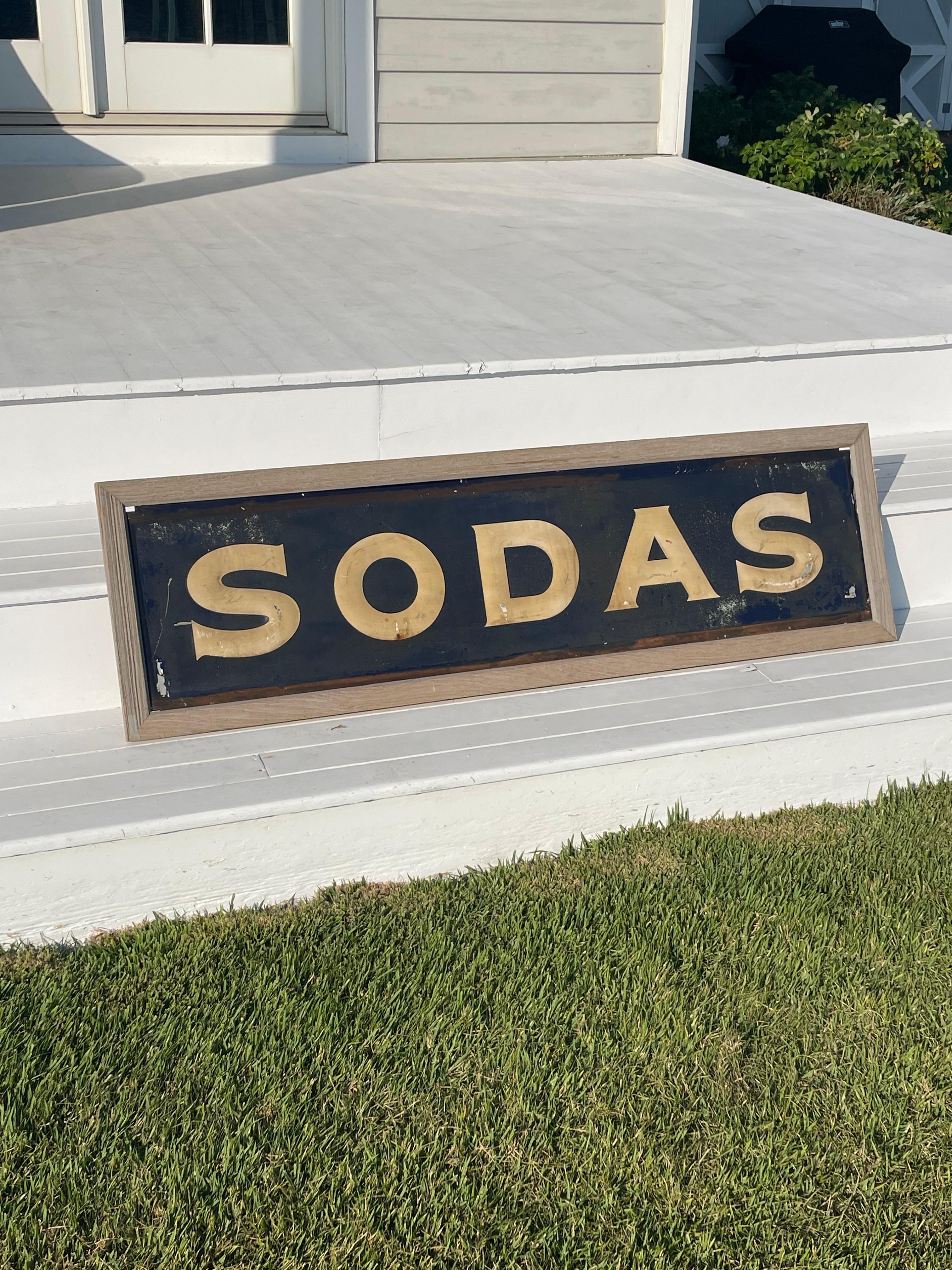 Vintage Advertising “SODAS” Metal Embossed Sign In Fair Condition For Sale In New York, NY