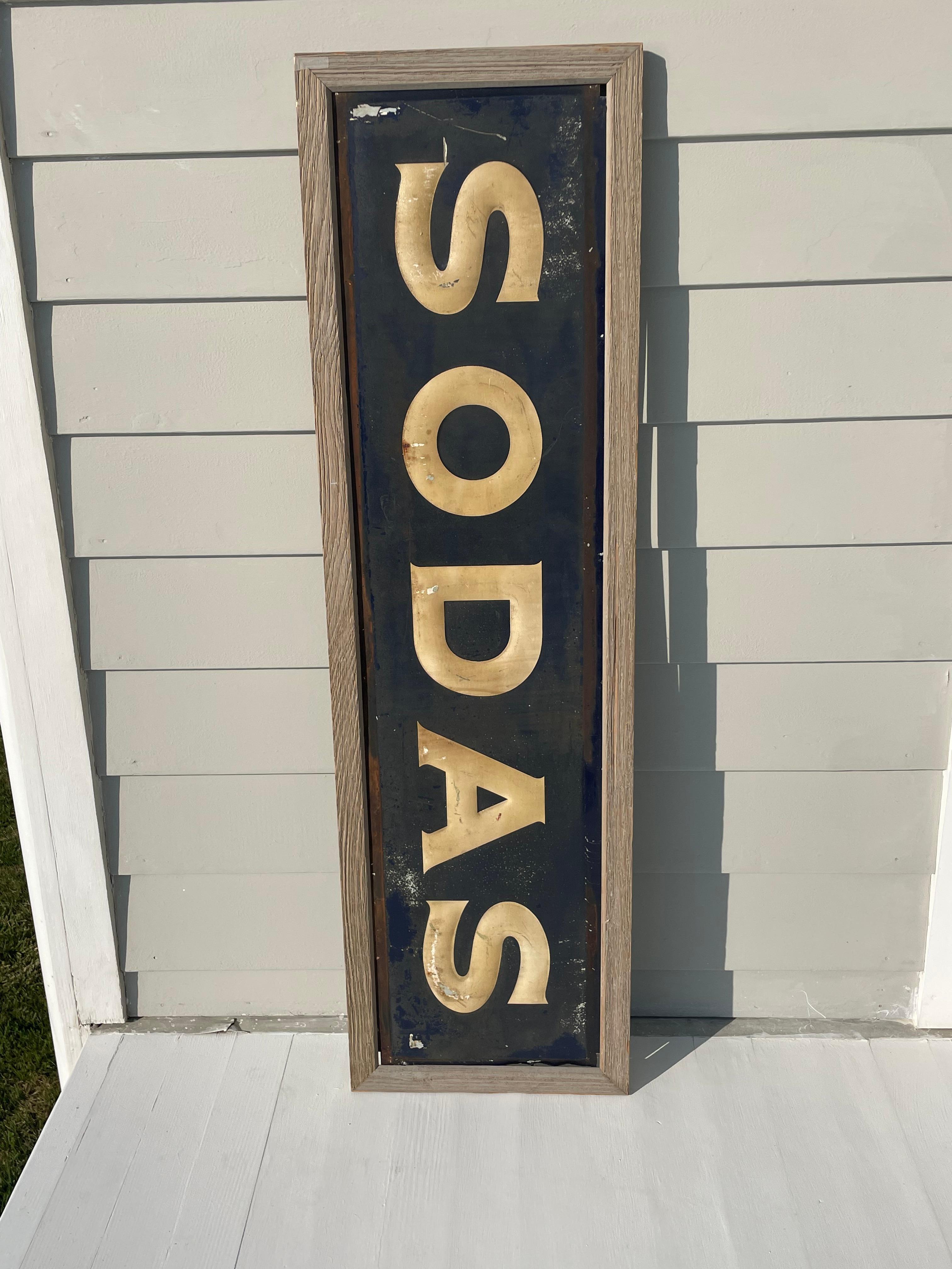 Vintage Advertising “SODAS” Metal Embossed Sign For Sale 1