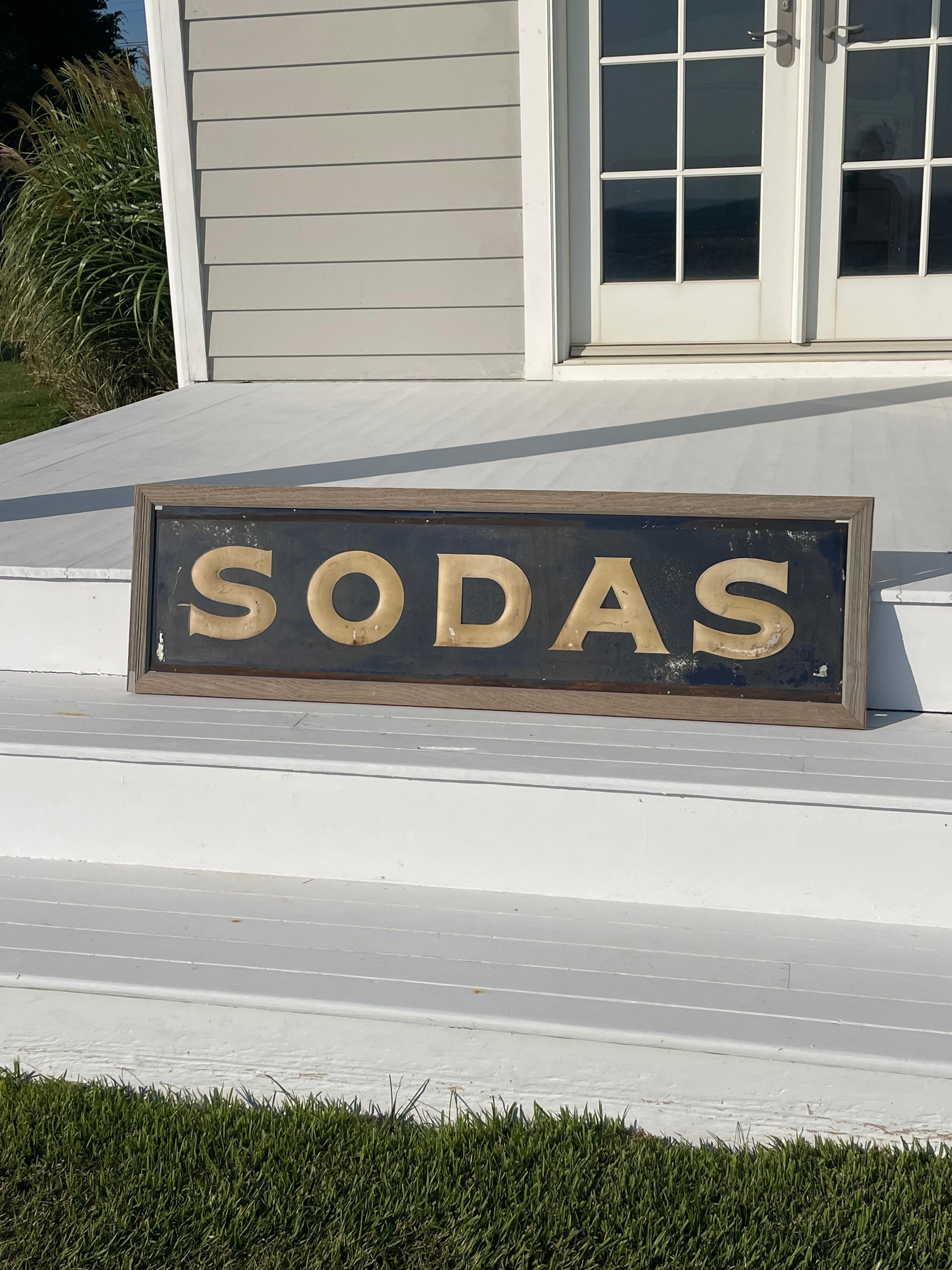 Vintage Advertising “SODAS” Metal Embossed Sign For Sale 3