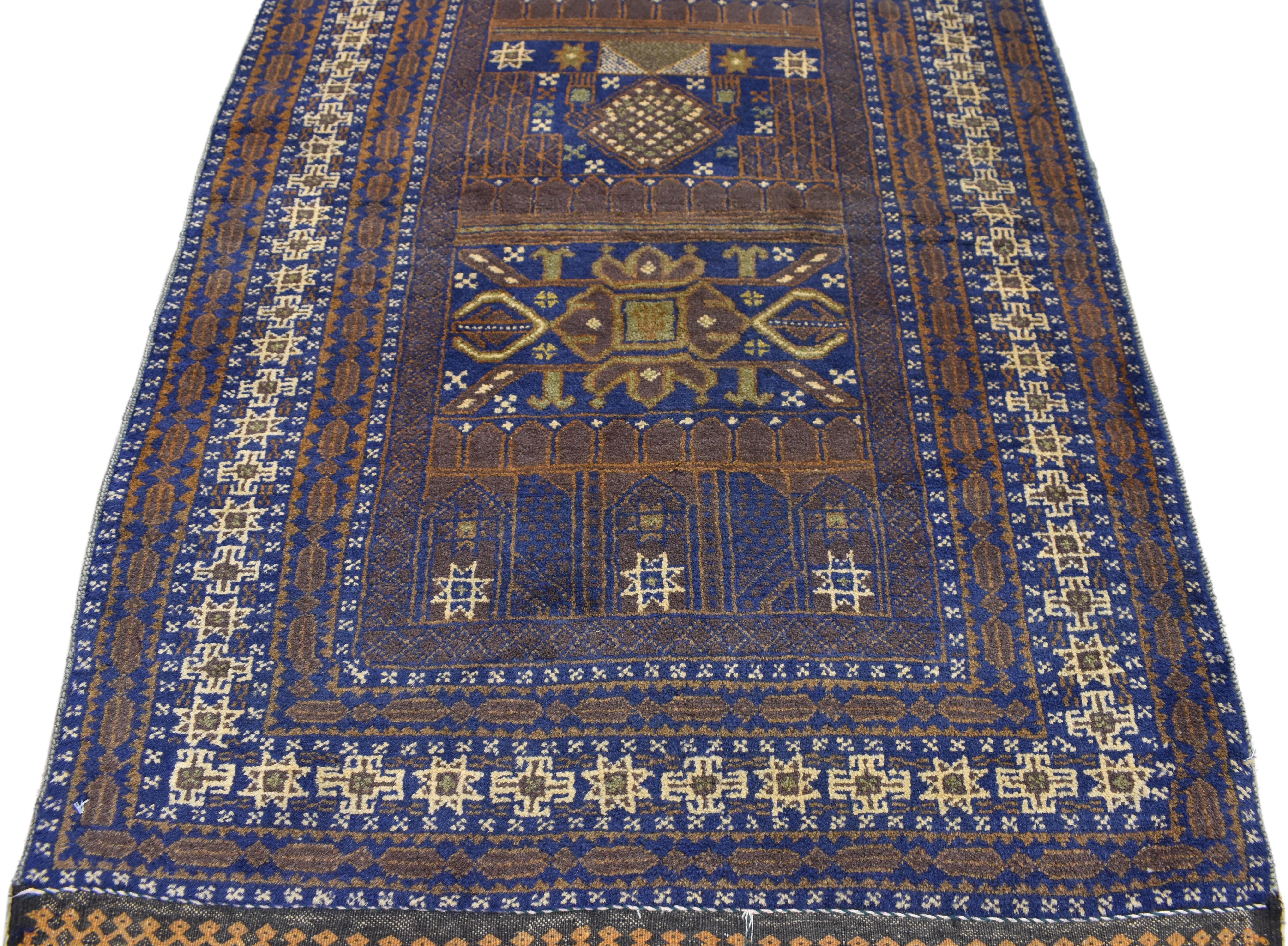 72102 Vintage Afghani Hallway runner with Tribal Nomadic Style. This hand knotted wool vintage Afghani runner features a compartment design with alternating panels. It is enclosed with a series of borders composed of eight-point stars flanked with