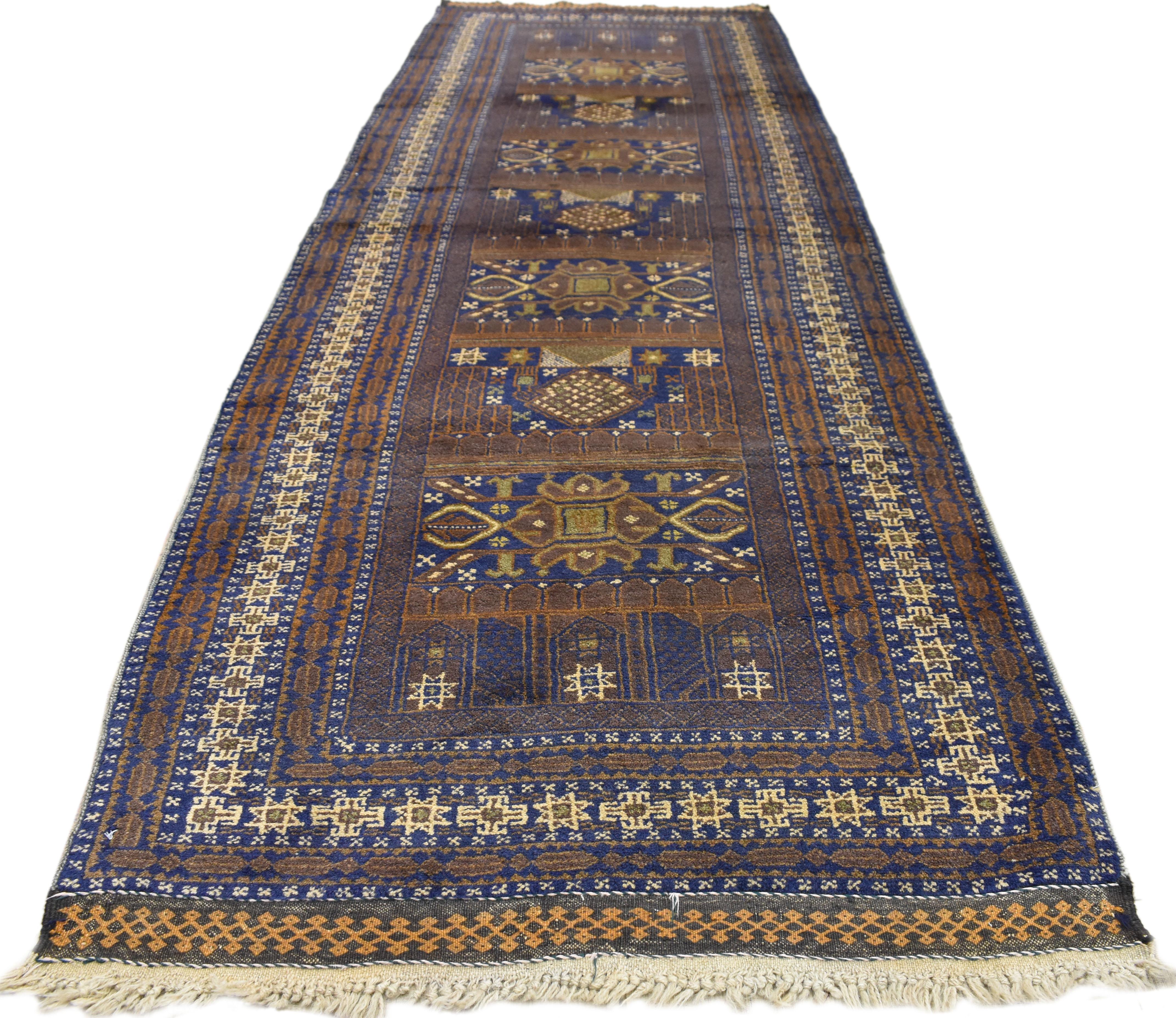 Hand-Knotted Vintage Afghan Balouchi War Hallway Runner with Tribal Nomadic Style