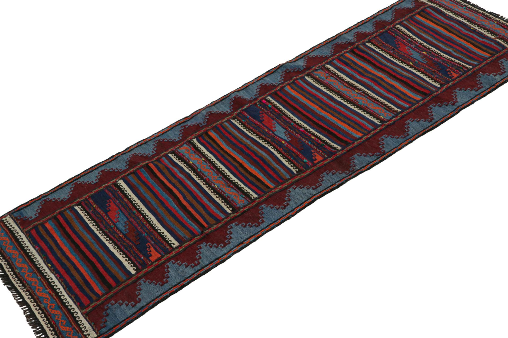 Handwoven in wool, this 2x6 vintage Afghan Baluch tribal kilim runner rug, circa 1950-1960, is an exquisite tribal piece that was often used as table covers in nomadic daily life, much similar to Persian Sofreh Kilims. 

On the Design: 

Tribal