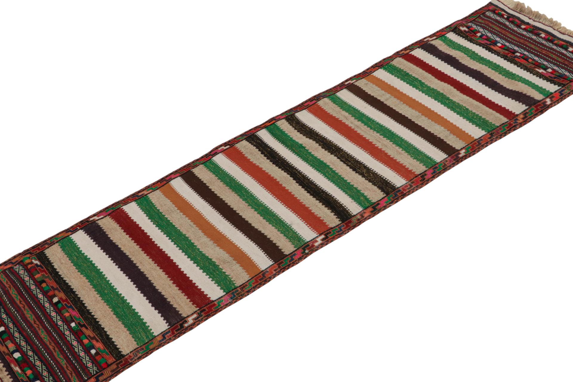 Handwoven in wool, this 1x6 vintage Afghan Baluch tribal kilim scatter rug, circa 1950-1960, is an exquisite tribal piece that was often used as table covers in nomadic daily life, much similar to Persian Sofreh Kilims. 

On the Design: 

Tribal