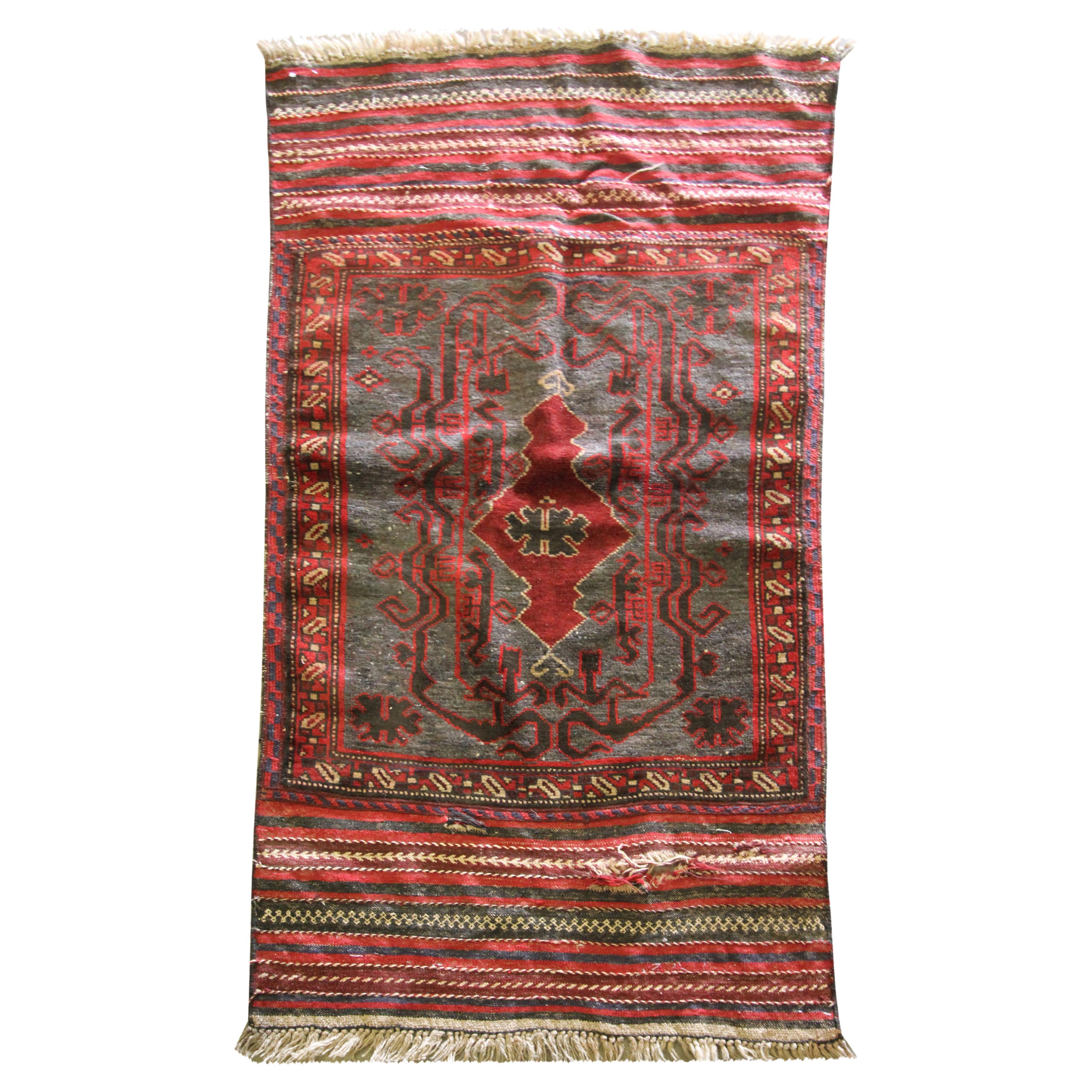 Baluch Rug Vintage Afghan Handwoven Red Wool Area Rug For Sale