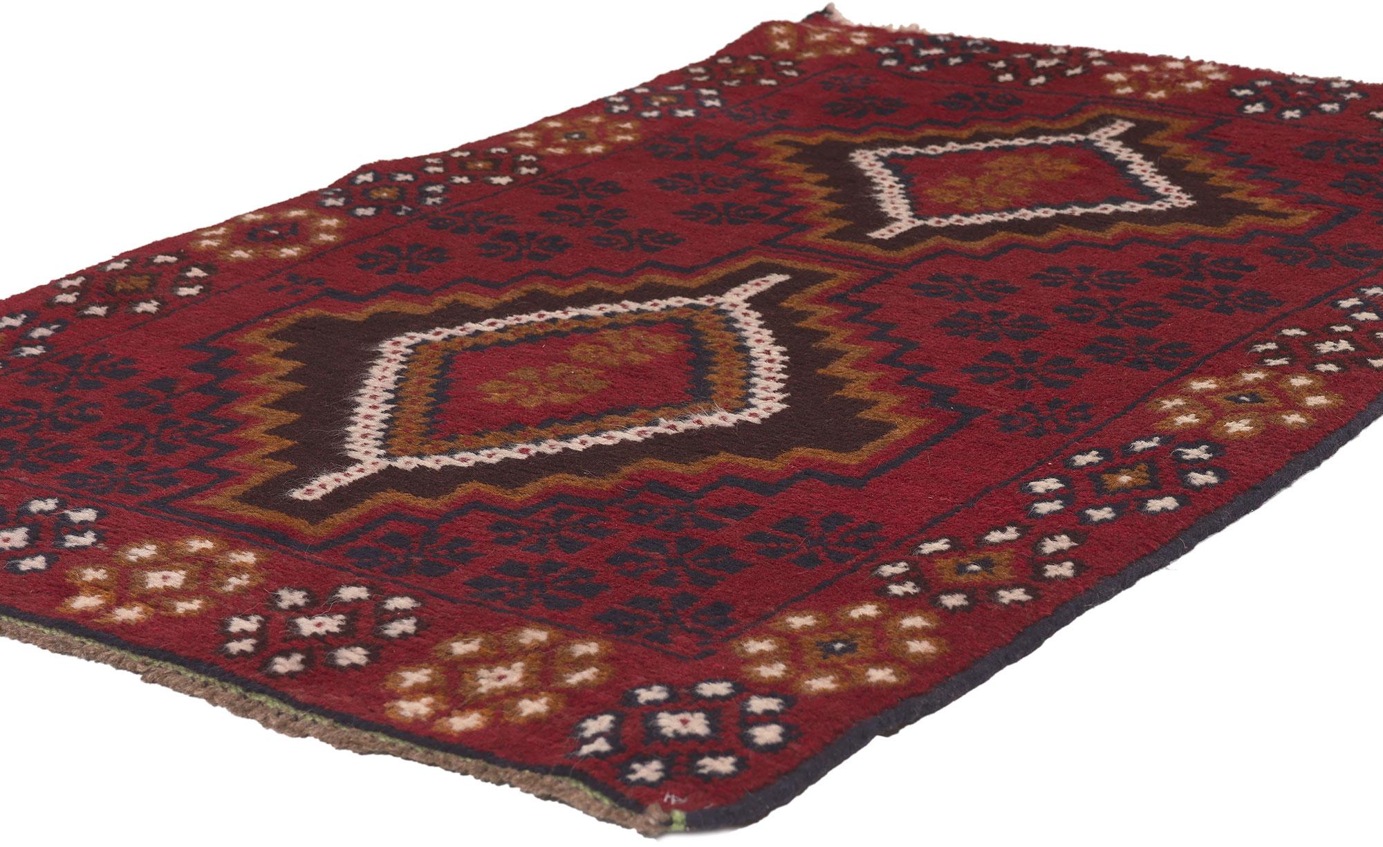 78631 Vintage Afghan Baluch Rug, 02'09 x 04'07.
Emanating Afghani culture with incredible deta​il and texture, this small vintage Baluch rug will take on a curated lived-in look imparting a sense of warmth and welcomed informality. The tribal design